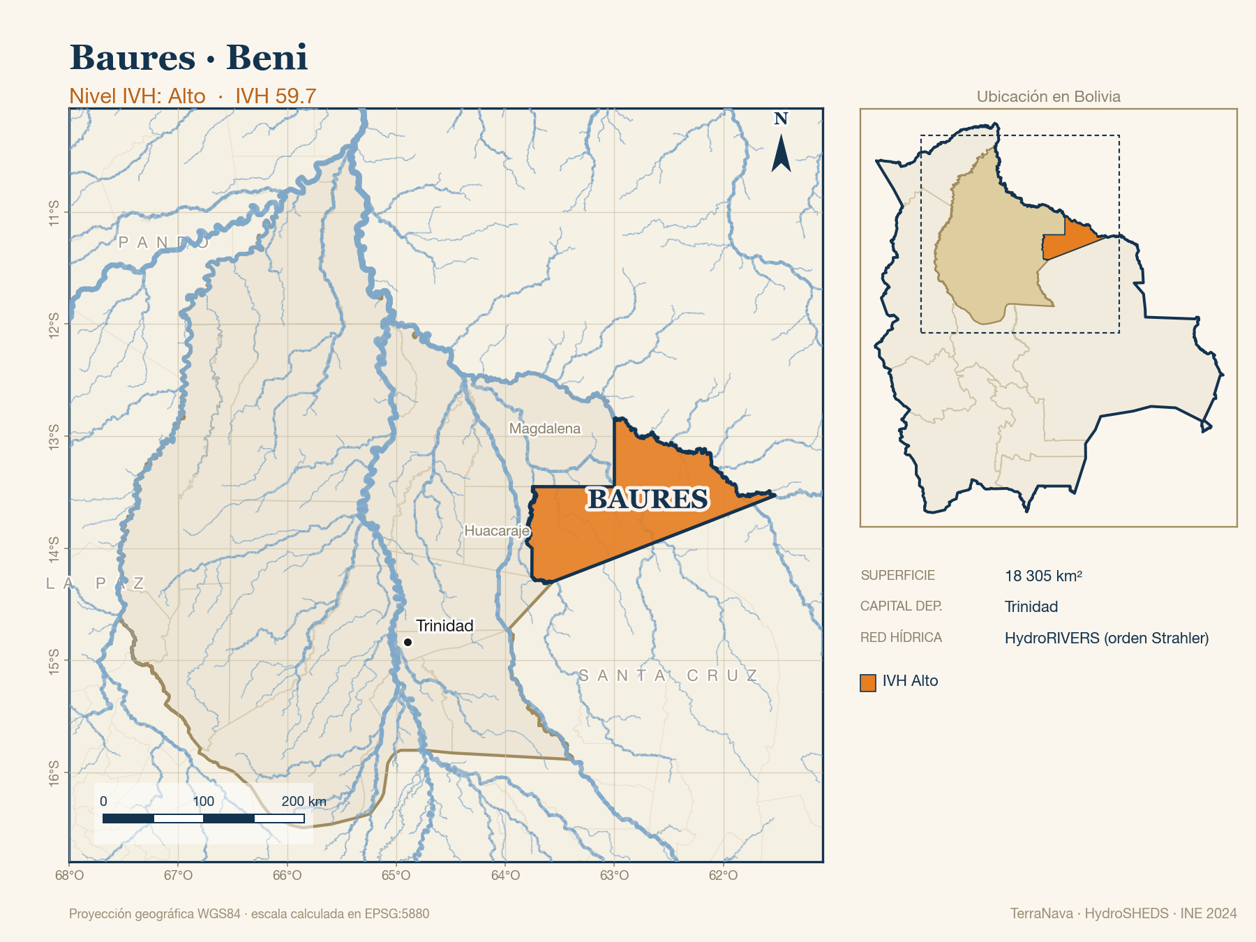 Mapa localizador de Baures (Beni): zoom departamental con red hídrica HydroRIVERS, municipio destacado por nivel IVH y ubicación en Bolivia