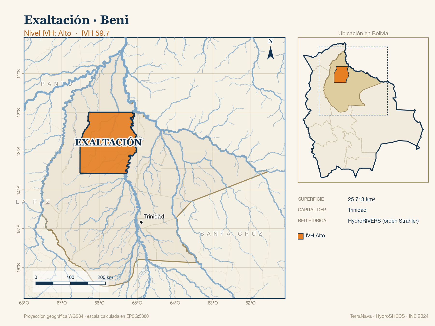 Mapa localizador de Exaltación (Beni): zoom departamental con red hídrica HydroRIVERS, municipio destacado por nivel IVH y ubicación en Bolivia