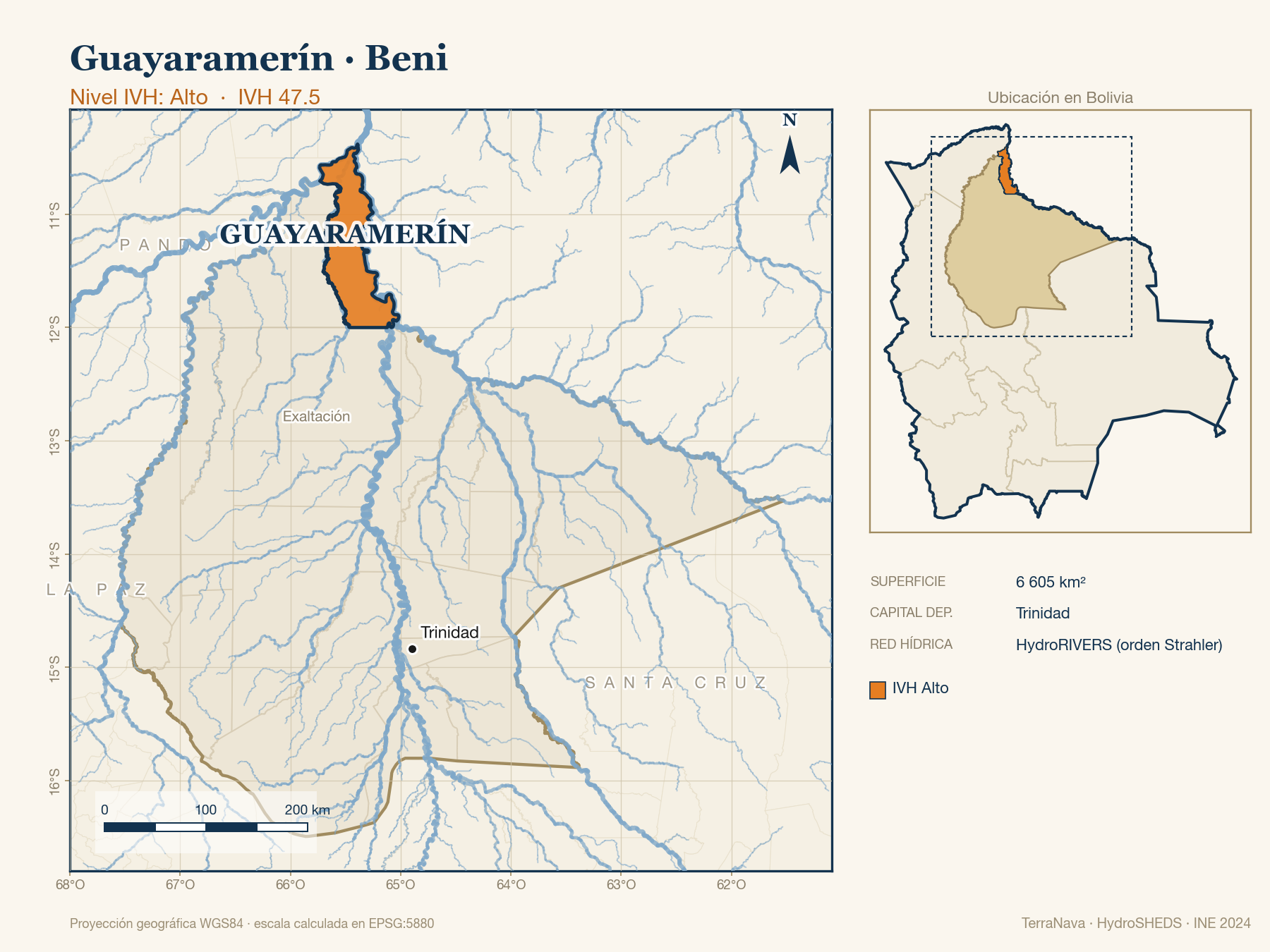Mapa localizador de Guayaramerín (Beni): zoom departamental con red hídrica HydroRIVERS, municipio destacado por nivel IVH y ubicación en Bolivia