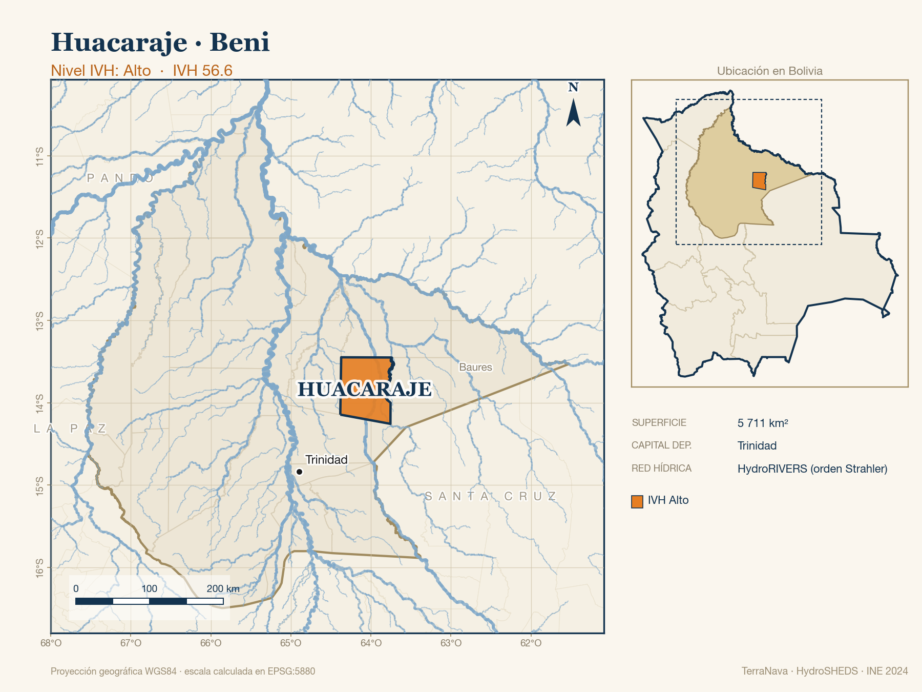 Mapa localizador de Huacaraje (Beni): zoom departamental con red hídrica HydroRIVERS, municipio destacado por nivel IVH y ubicación en Bolivia