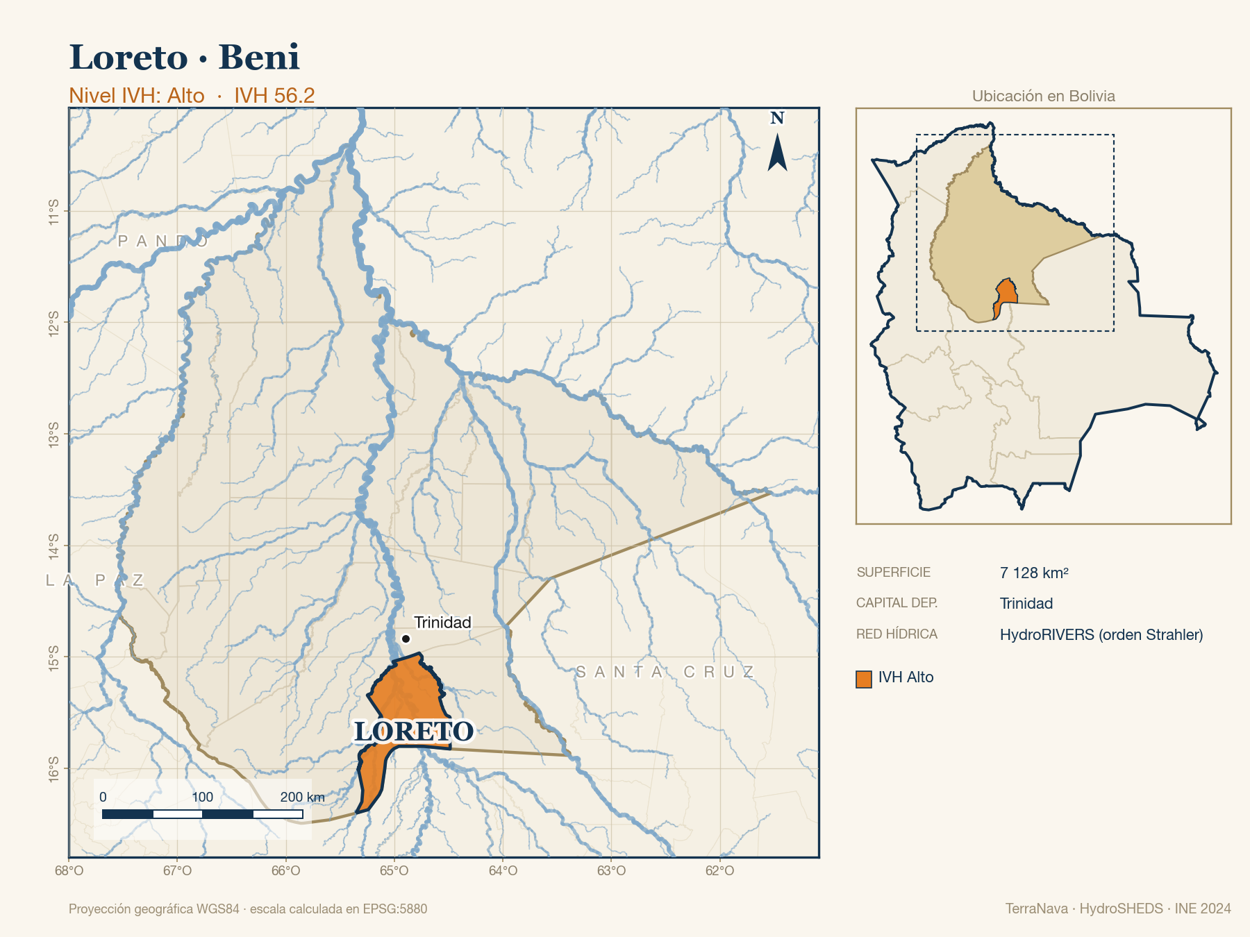 Mapa localizador de Loreto (Beni): zoom departamental con red hídrica HydroRIVERS, municipio destacado por nivel IVH y ubicación en Bolivia