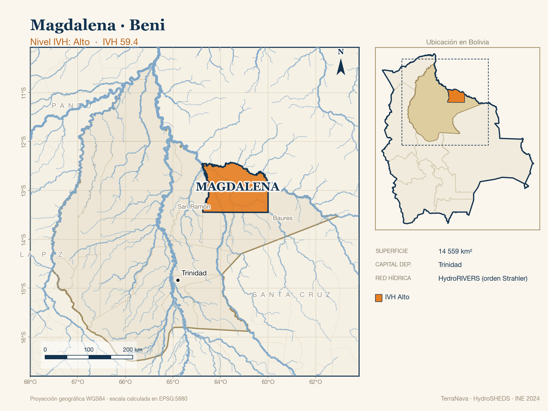 Mapa localizador de Magdalena (Beni): zoom departamental con red hídrica HydroRIVERS, municipio destacado por nivel IVH y ubicación en Bolivia