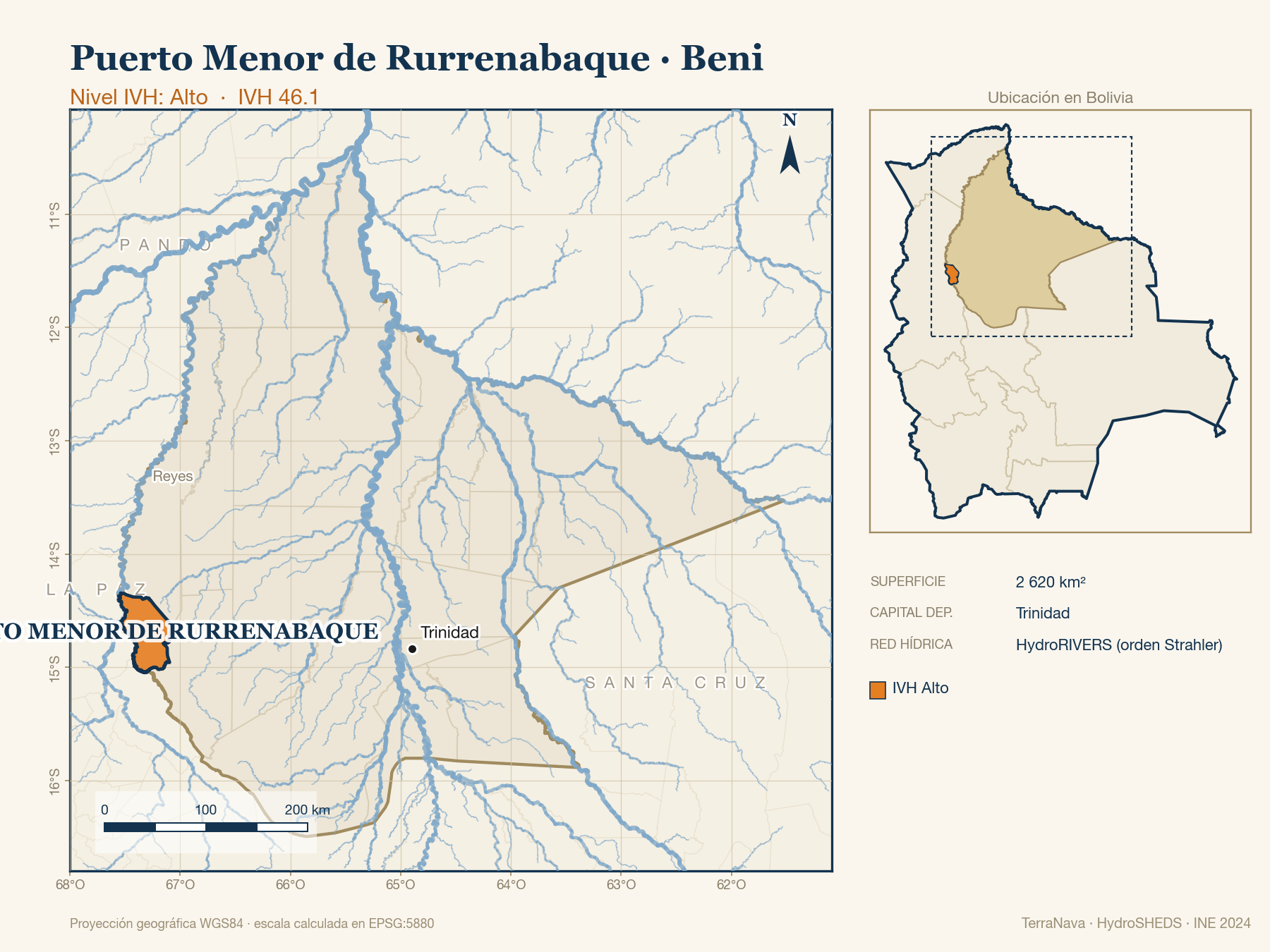 Mapa localizador de Puerto Menor de Rurrenabaque (Beni): zoom departamental con red hídrica HydroRIVERS, municipio destacado por nivel IVH y ubicación en Bolivia