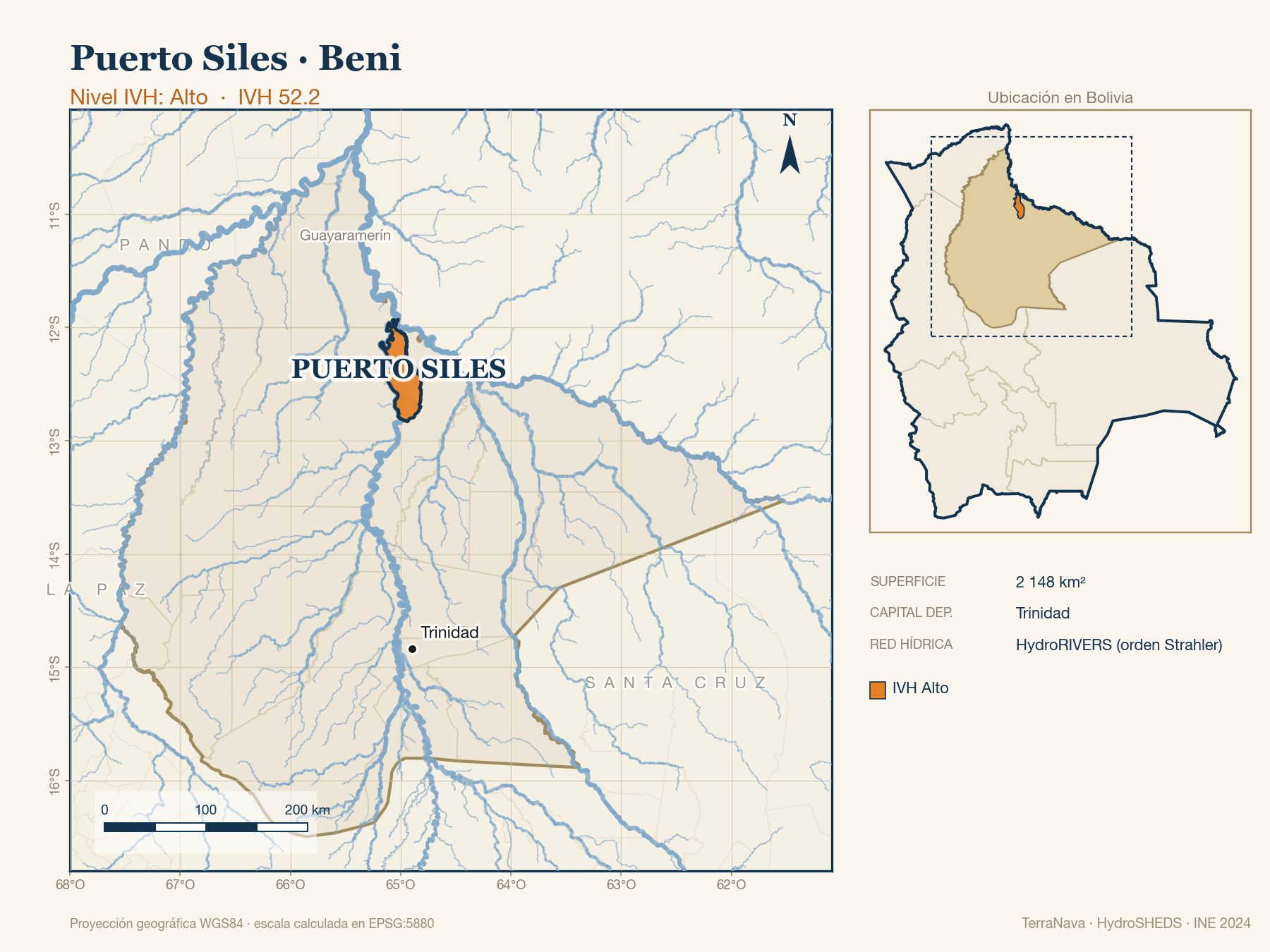 Mapa localizador de Puerto Siles (Beni): zoom departamental con red hídrica HydroRIVERS, municipio destacado por nivel IVH y ubicación en Bolivia