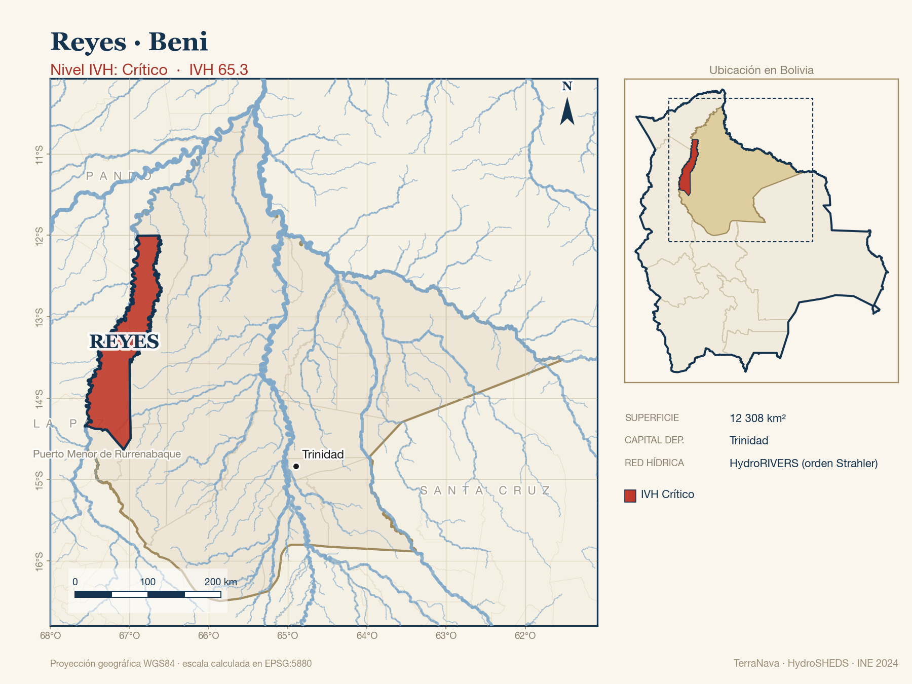 Mapa localizador de Reyes (Beni): zoom departamental con red hídrica HydroRIVERS, municipio destacado por nivel IVH y ubicación en Bolivia