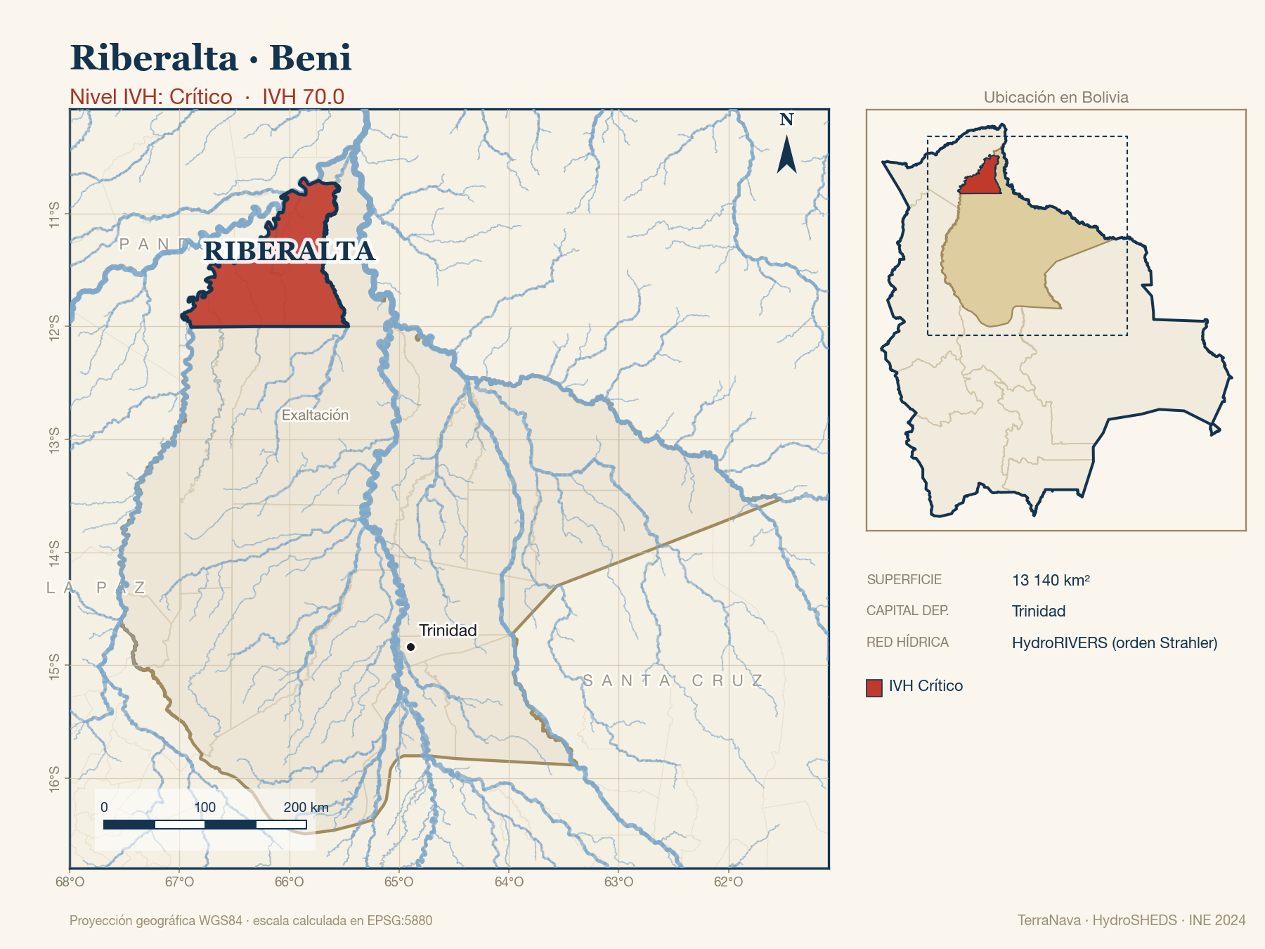 Mapa localizador de Riberalta (Beni): zoom departamental con red hídrica HydroRIVERS, municipio destacado por nivel IVH y ubicación en Bolivia