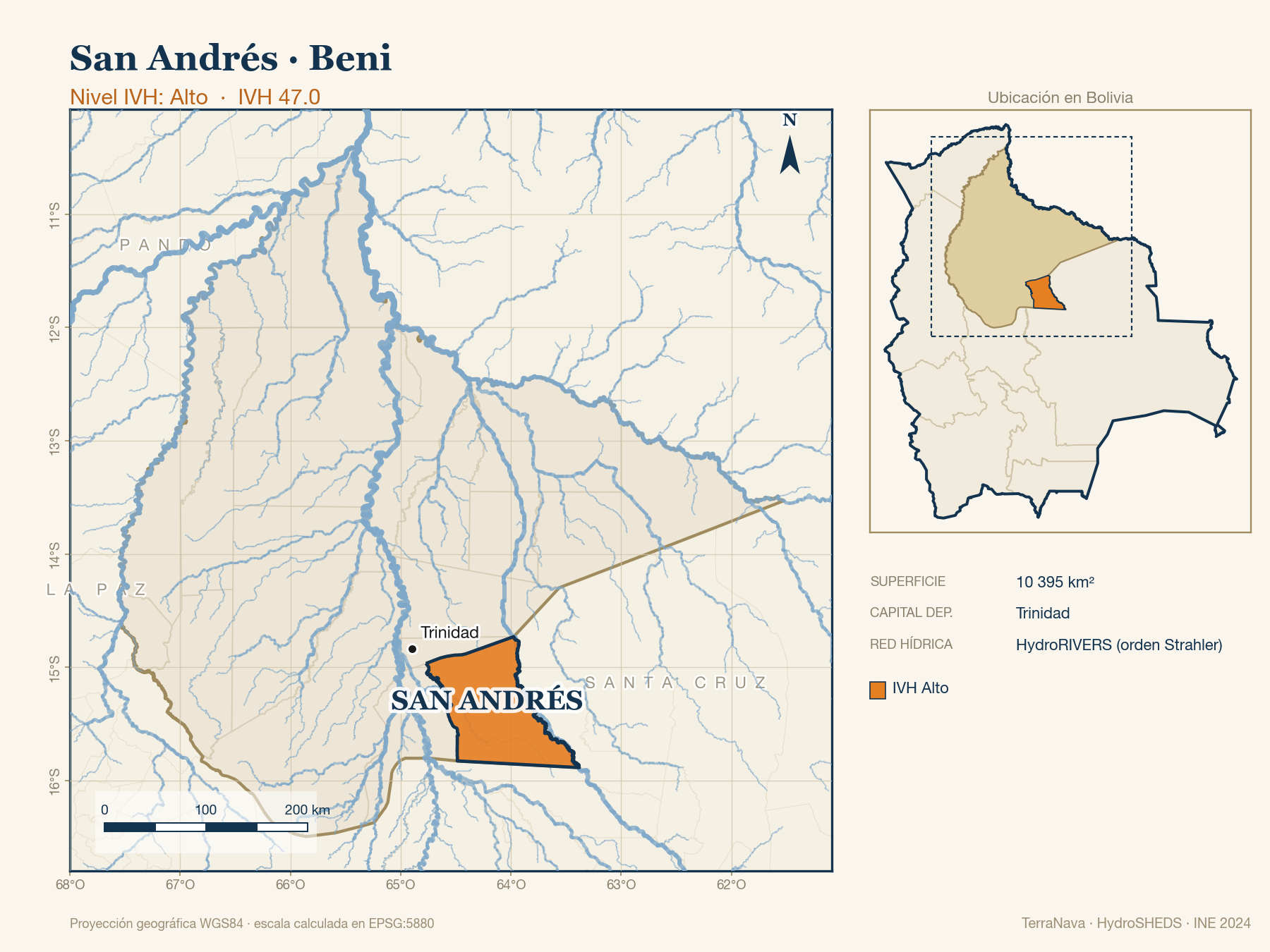 Mapa localizador de San Andrés (Beni): zoom departamental con red hídrica HydroRIVERS, municipio destacado por nivel IVH y ubicación en Bolivia