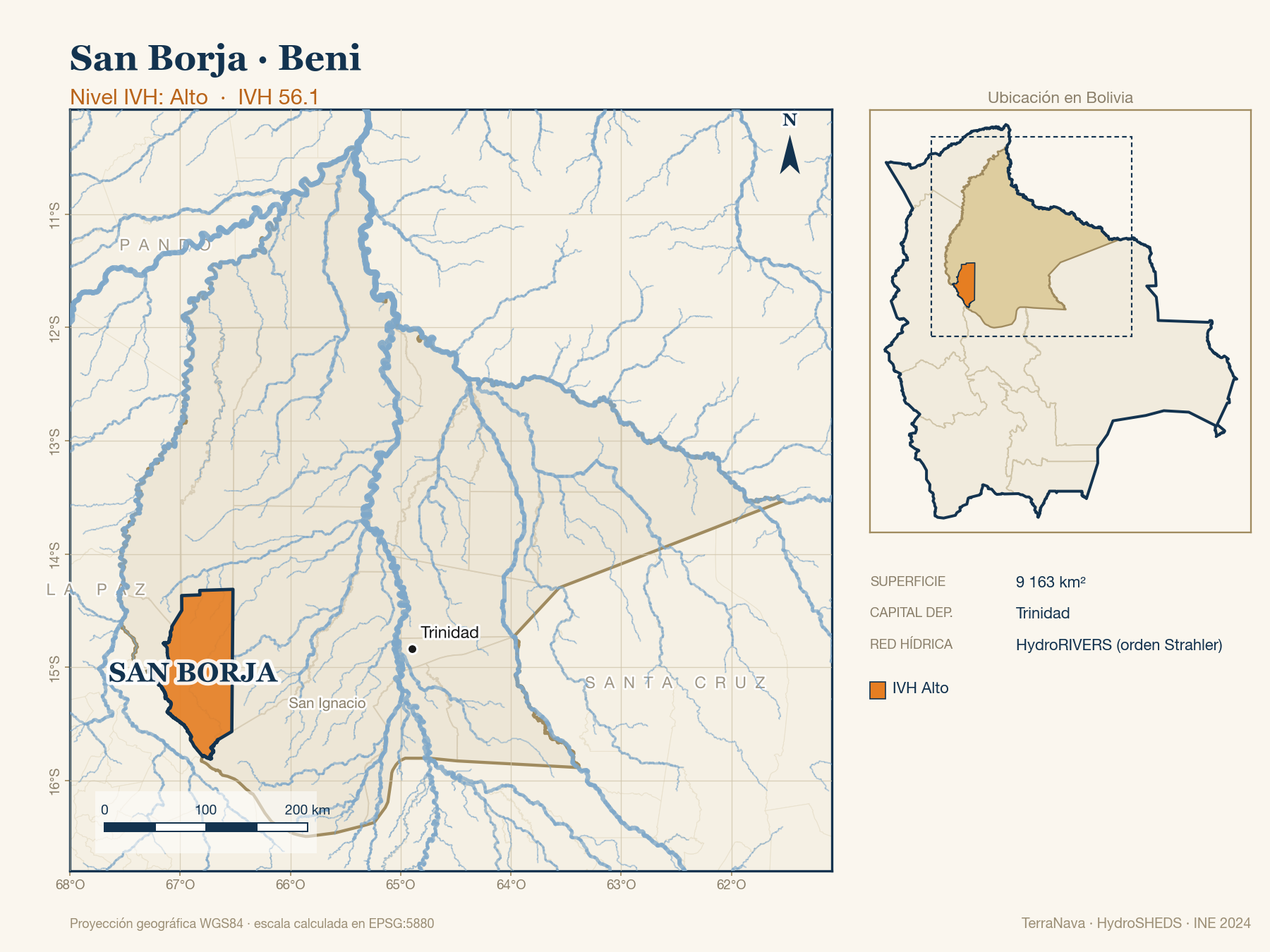 Mapa localizador de San Borja (Beni): zoom departamental con red hídrica HydroRIVERS, municipio destacado por nivel IVH y ubicación en Bolivia