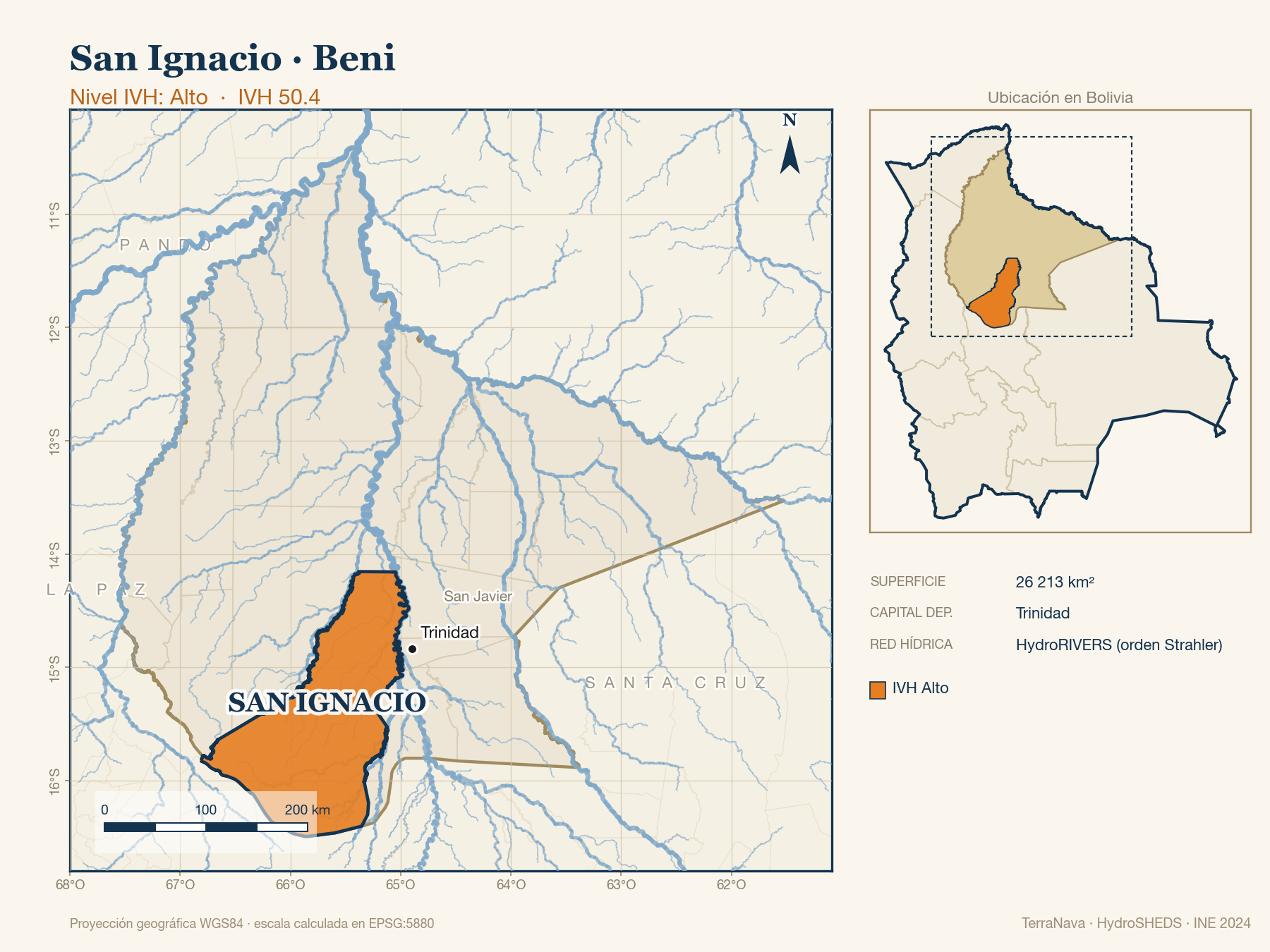 Mapa localizador de San Ignacio (Beni): zoom departamental con red hídrica HydroRIVERS, municipio destacado por nivel IVH y ubicación en Bolivia
