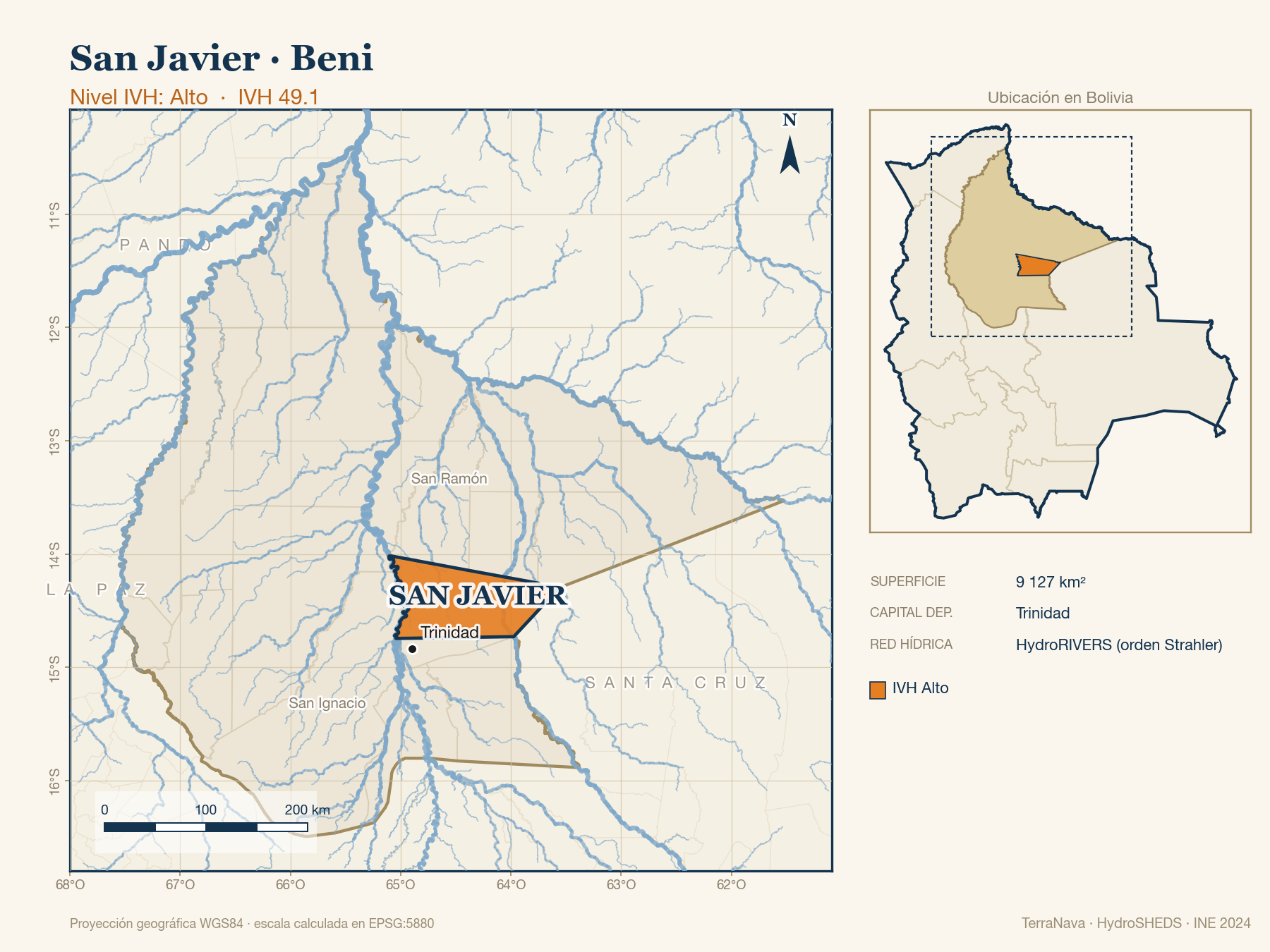 Mapa localizador de San Javier (Beni): zoom departamental con red hídrica HydroRIVERS, municipio destacado por nivel IVH y ubicación en Bolivia