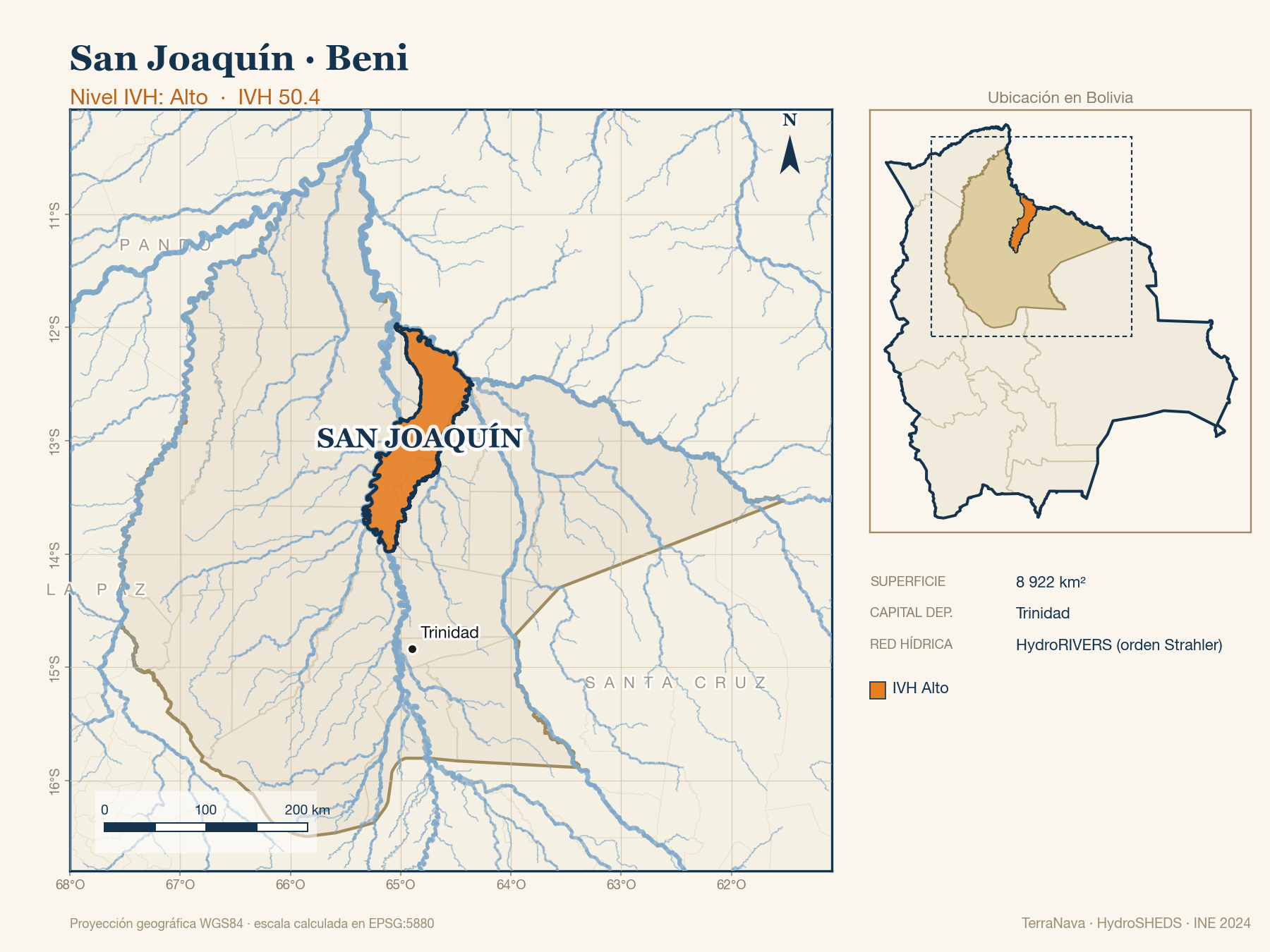 Mapa localizador de San Joaquín (Beni): zoom departamental con red hídrica HydroRIVERS, municipio destacado por nivel IVH y ubicación en Bolivia