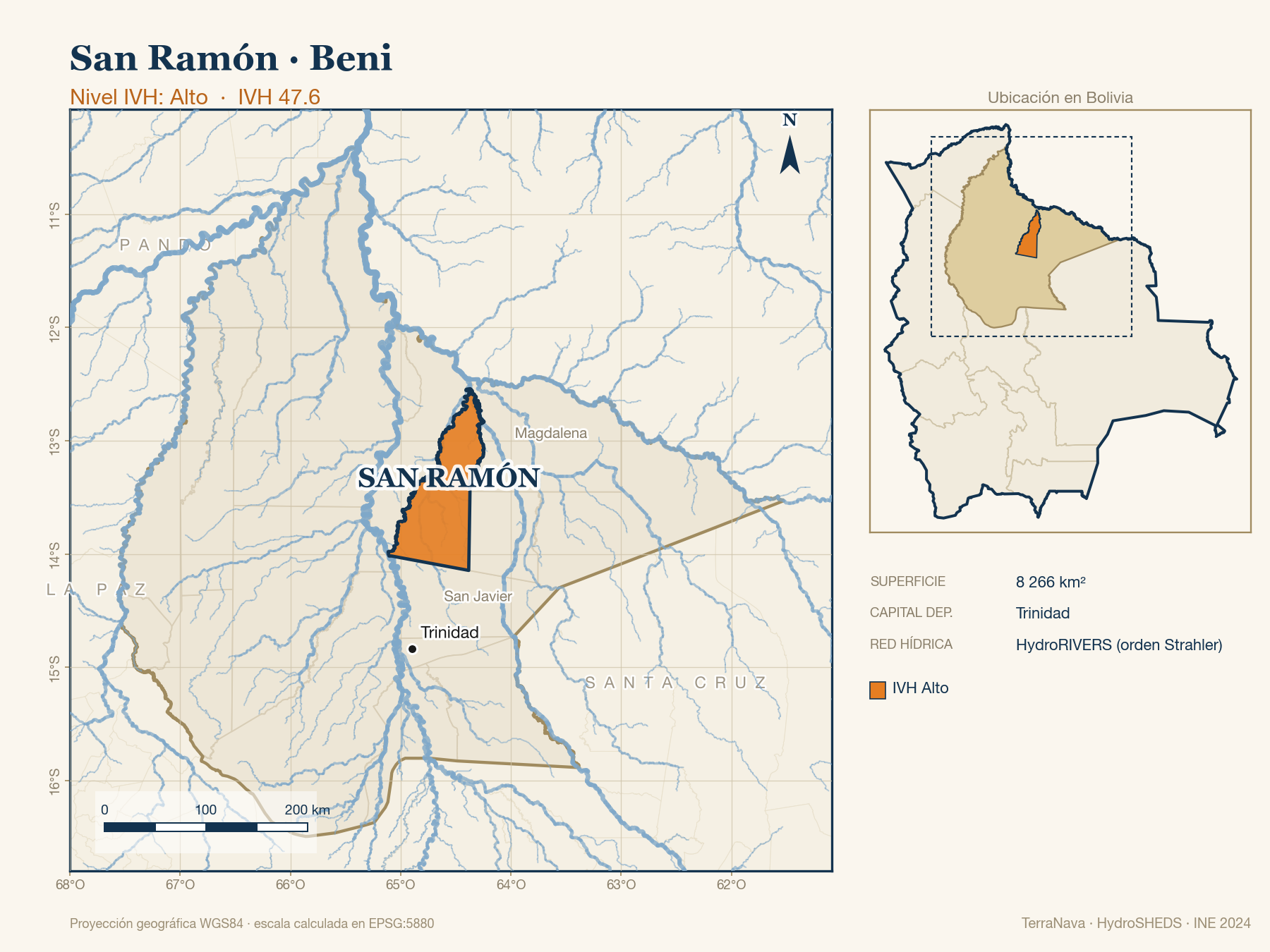 Mapa localizador de San Ramón (Beni): zoom departamental con red hídrica HydroRIVERS, municipio destacado por nivel IVH y ubicación en Bolivia