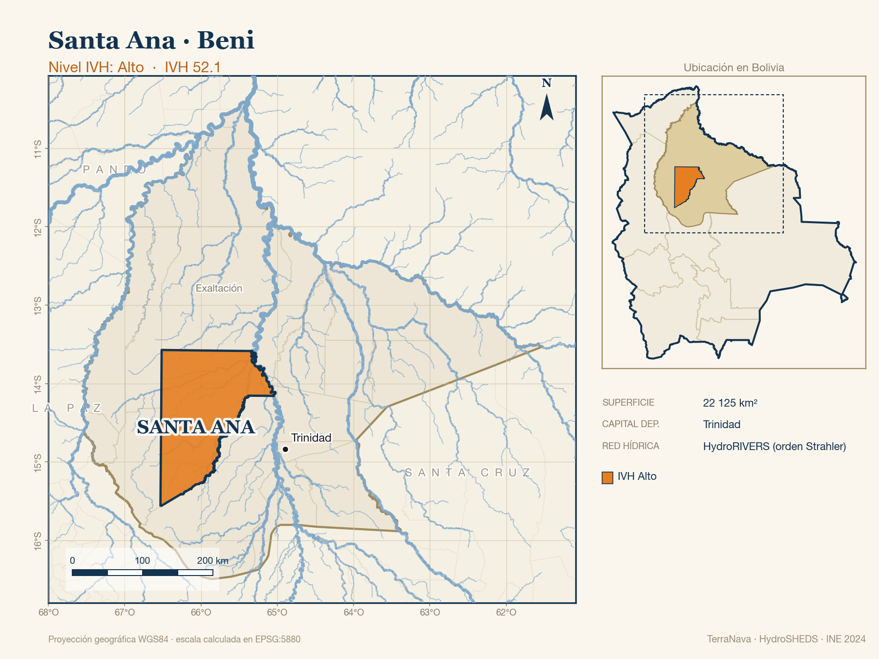 Mapa localizador de Santa Ana (Beni): zoom departamental con red hídrica HydroRIVERS, municipio destacado por nivel IVH y ubicación en Bolivia