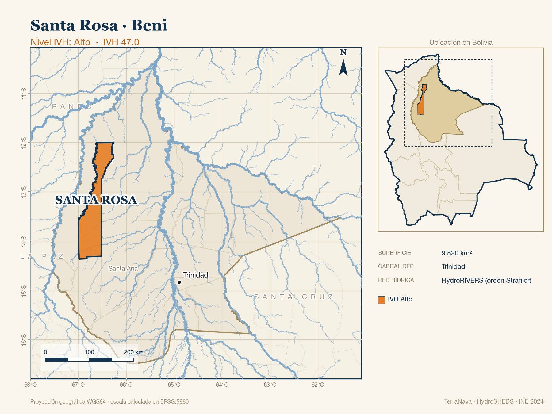 Mapa localizador de Santa Rosa (Beni): zoom departamental con red hídrica HydroRIVERS, municipio destacado por nivel IVH y ubicación en Bolivia