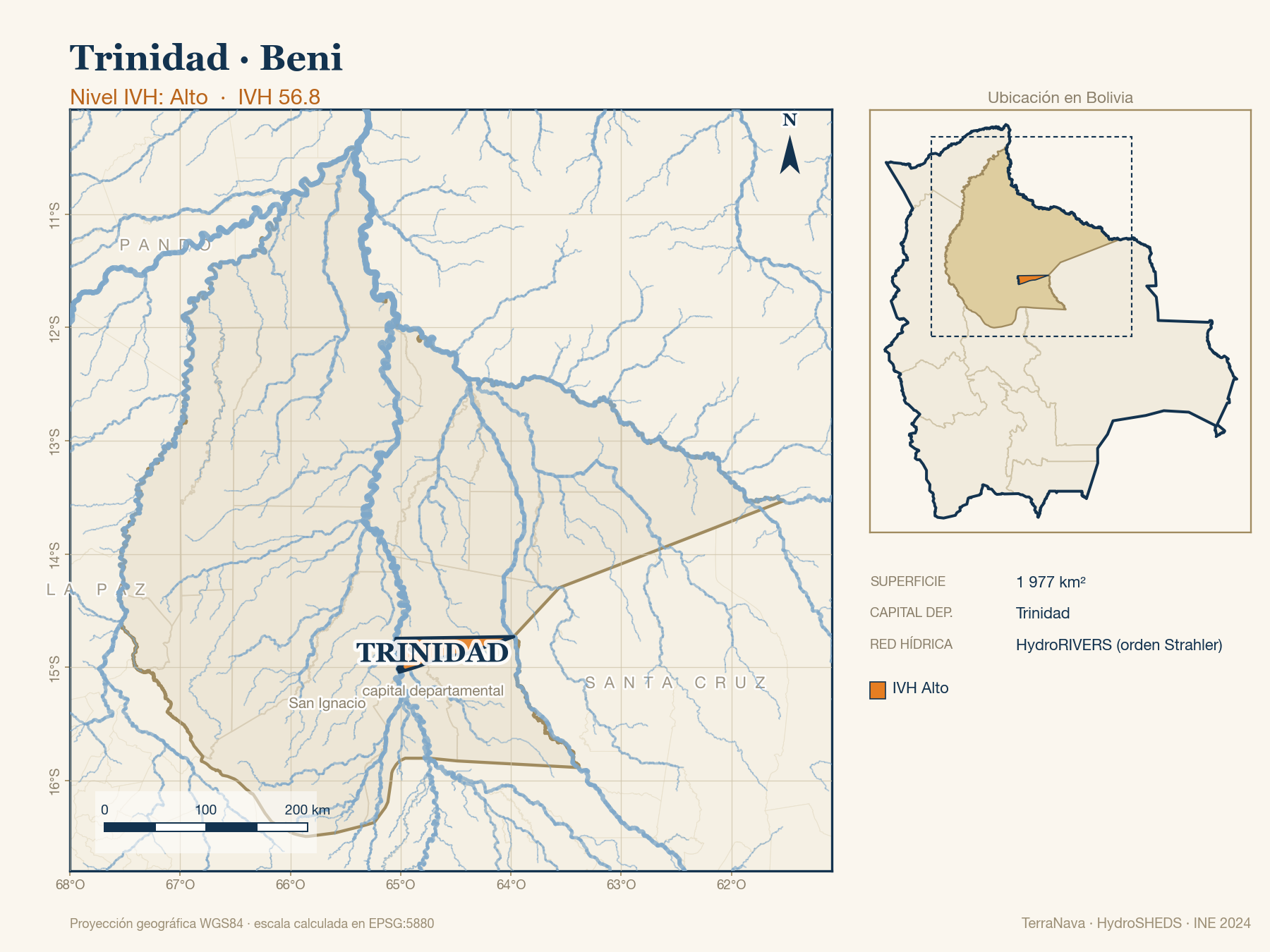 Mapa localizador de Trinidad (Beni): zoom departamental con red hídrica HydroRIVERS, municipio destacado por nivel IVH y ubicación en Bolivia