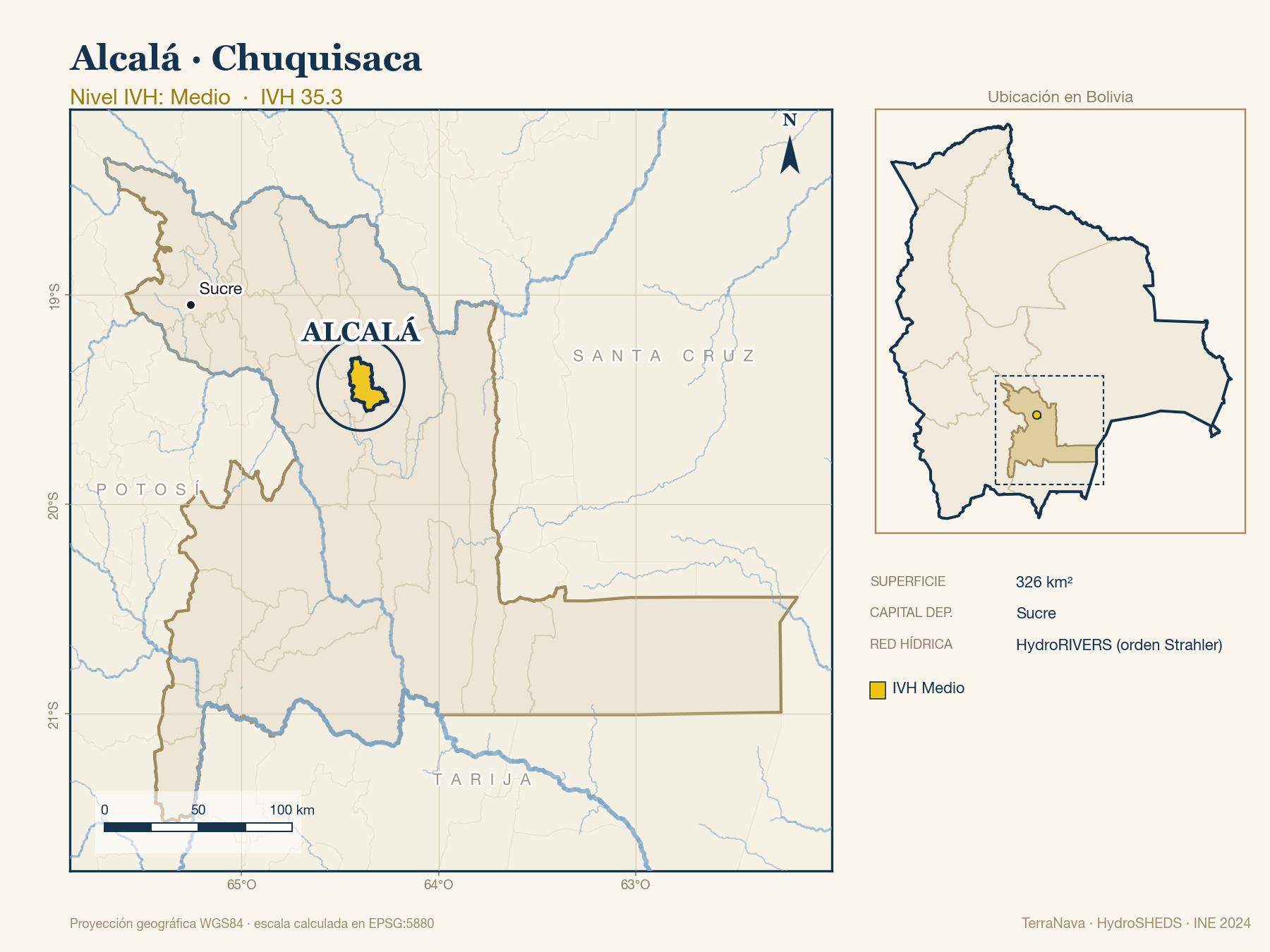 Mapa localizador de Alcalá (Chuquisaca): zoom departamental con red hídrica HydroRIVERS, municipio destacado por nivel IVH y ubicación en Bolivia