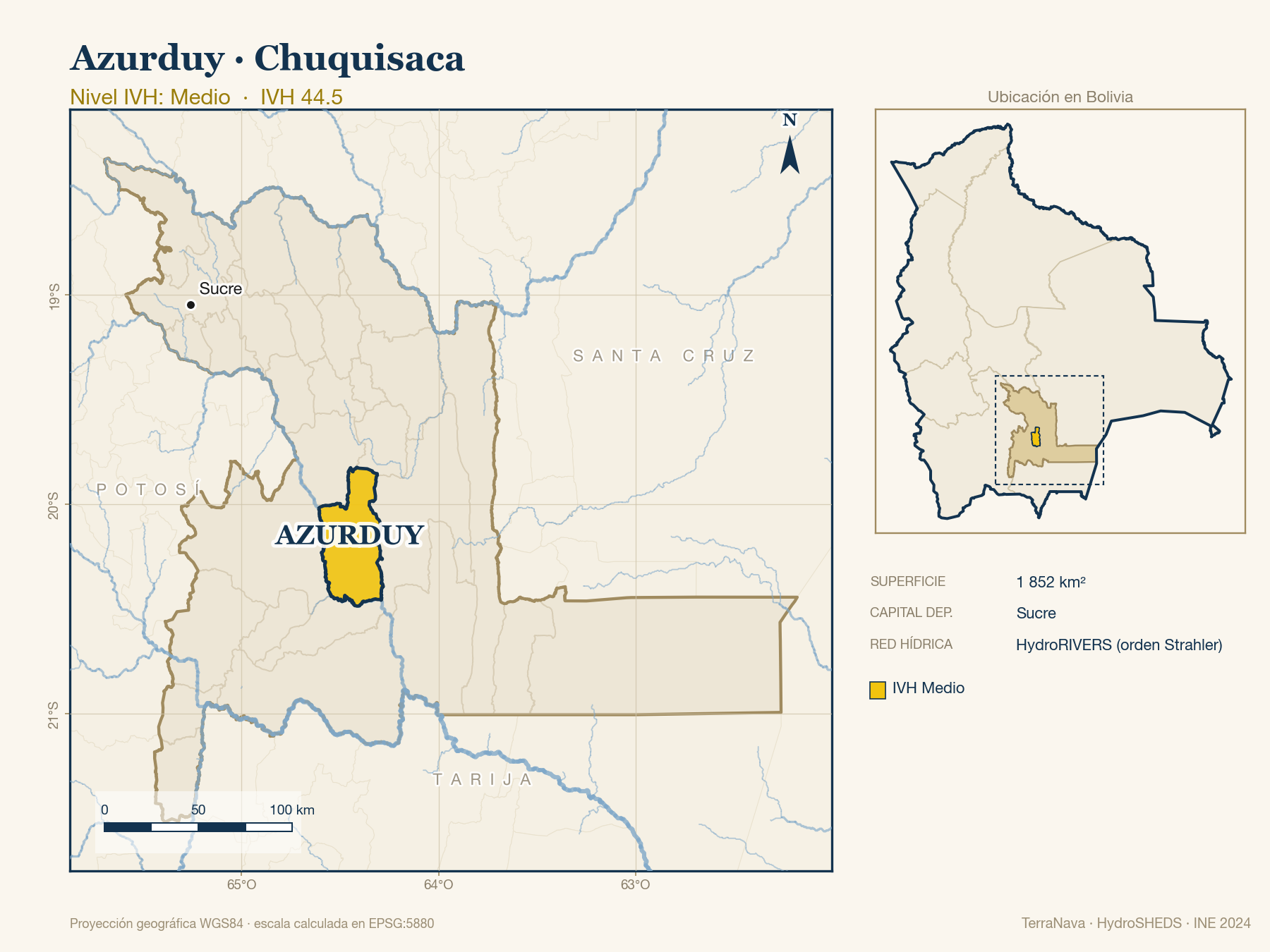Mapa localizador de Azurduy (Chuquisaca): zoom departamental con red hídrica HydroRIVERS, municipio destacado por nivel IVH y ubicación en Bolivia