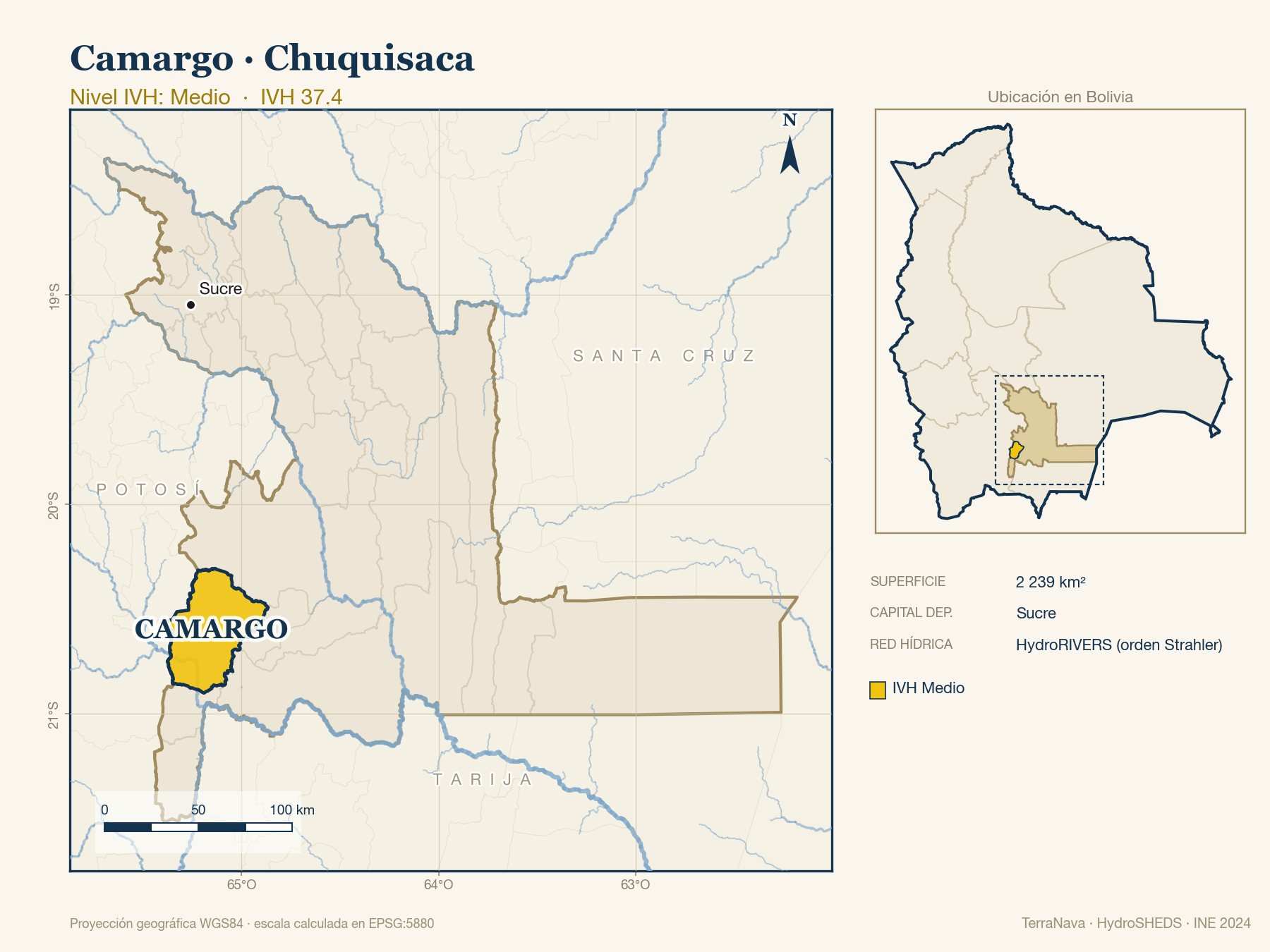 Mapa localizador de Camargo (Chuquisaca): zoom departamental con red hídrica HydroRIVERS, municipio destacado por nivel IVH y ubicación en Bolivia