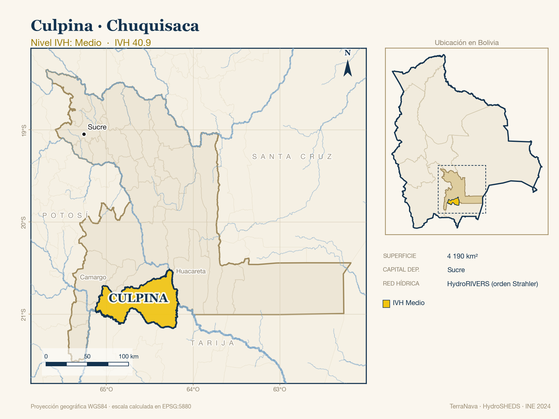 Mapa localizador de Culpina (Chuquisaca): zoom departamental con red hídrica HydroRIVERS, municipio destacado por nivel IVH y ubicación en Bolivia