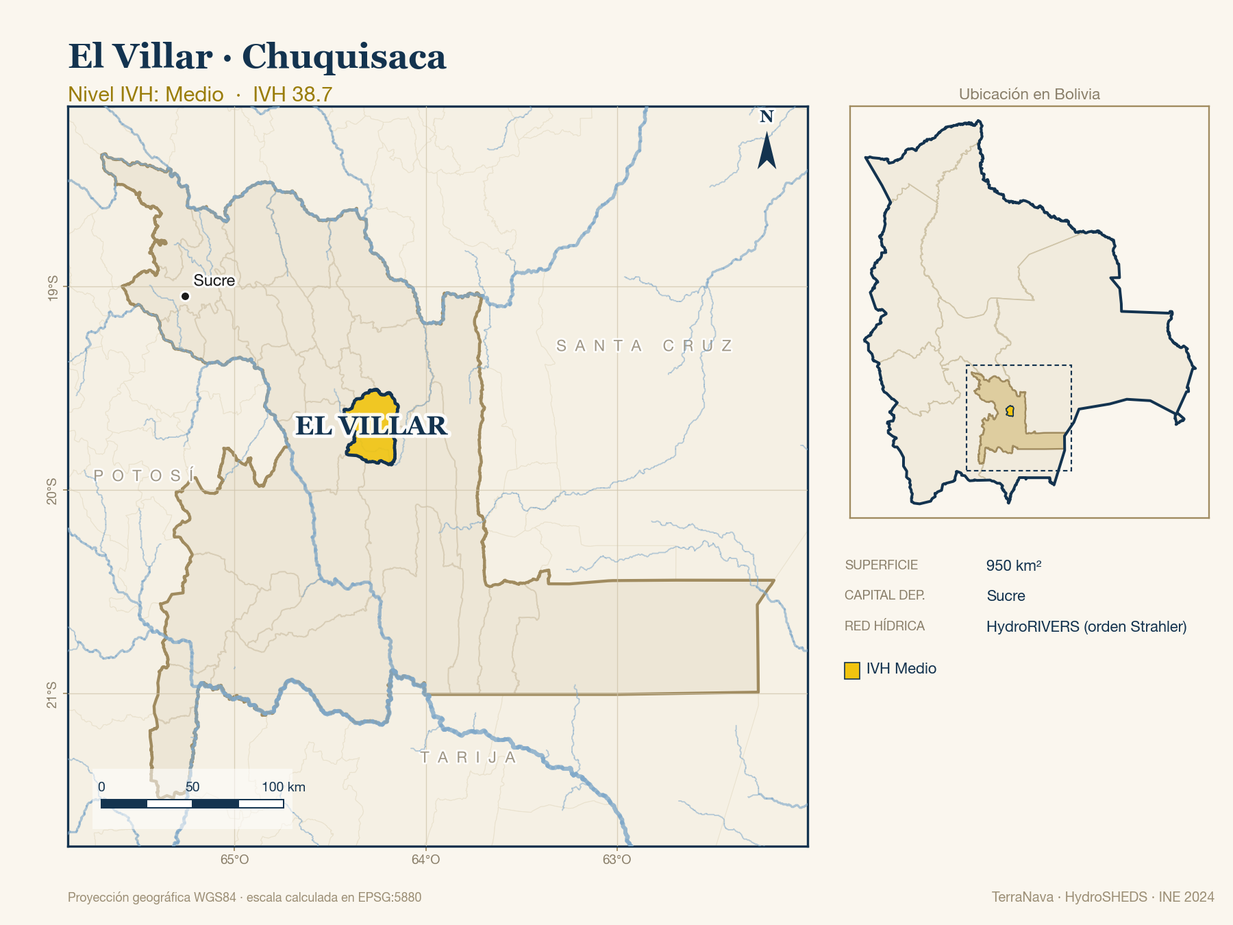 Mapa localizador de El Villar (Chuquisaca): zoom departamental con red hídrica HydroRIVERS, municipio destacado por nivel IVH y ubicación en Bolivia