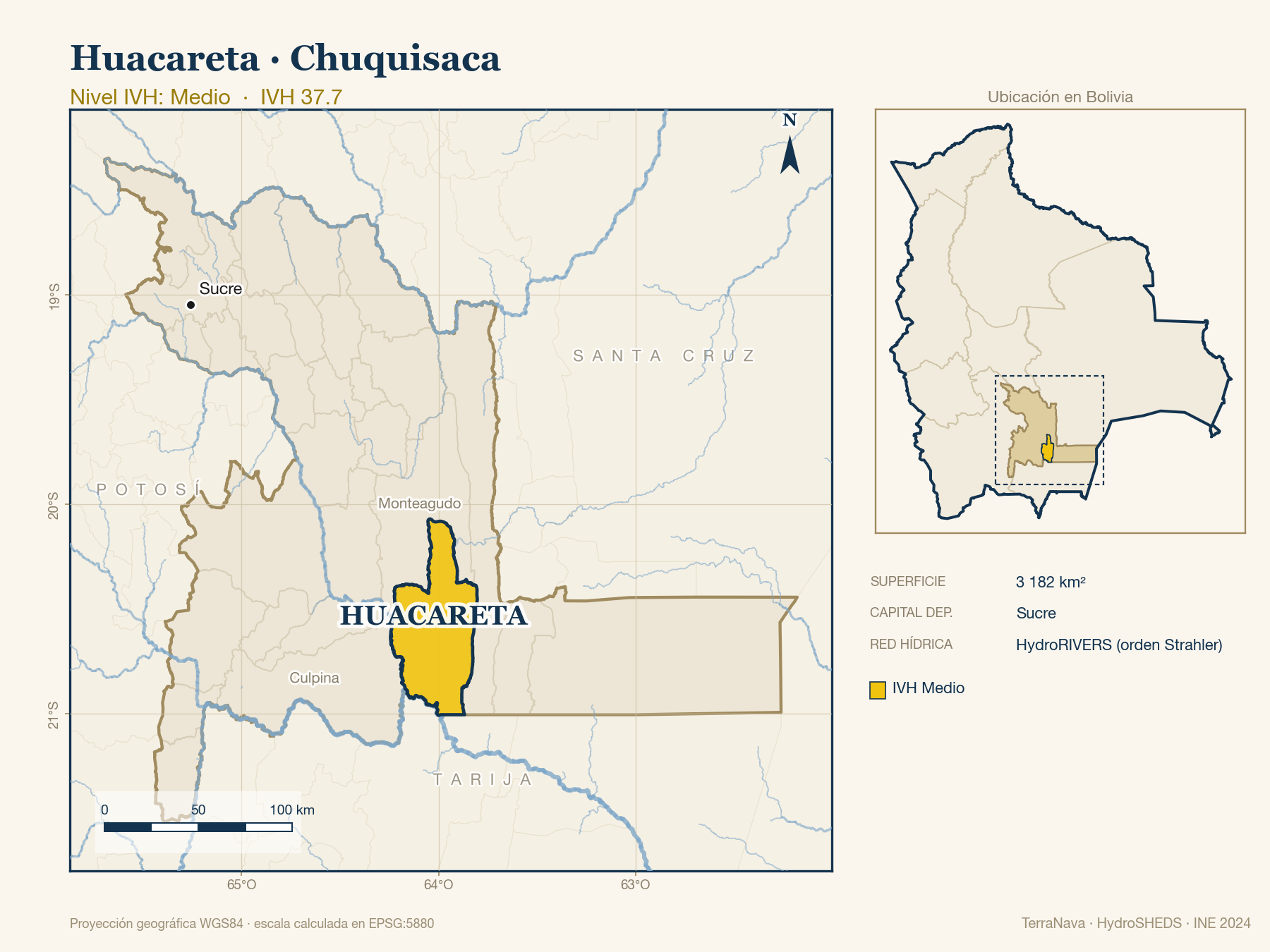Mapa localizador de Huacareta (Chuquisaca): zoom departamental con red hídrica HydroRIVERS, municipio destacado por nivel IVH y ubicación en Bolivia