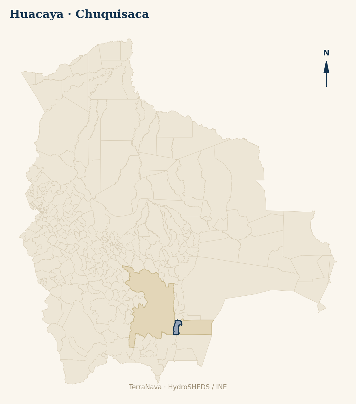 Mapa localizador de Huacaya (Chuquisaca): zoom departamental con red hídrica HydroRIVERS, municipio destacado por nivel IVH y ubicación en Bolivia