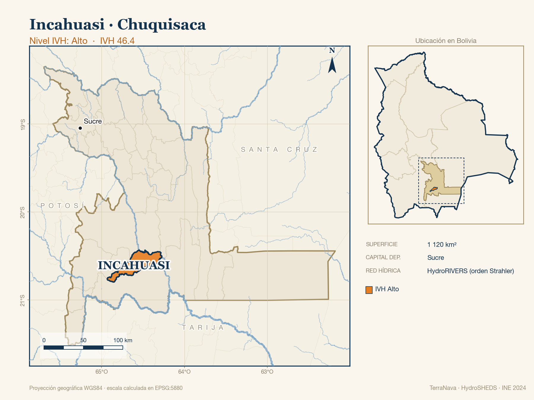 Mapa localizador de Incahuasi (Chuquisaca): zoom departamental con red hídrica HydroRIVERS, municipio destacado por nivel IVH y ubicación en Bolivia