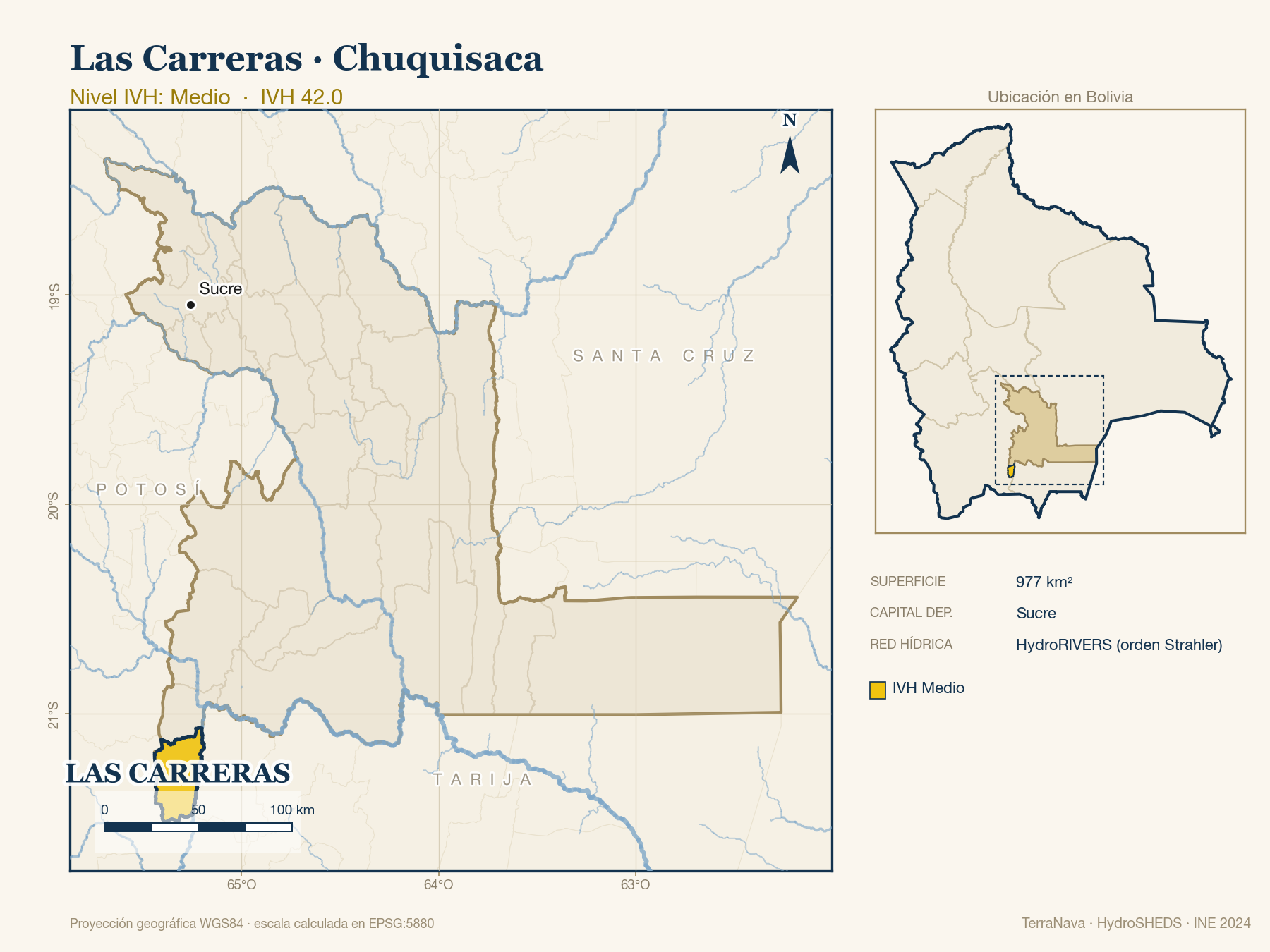 Mapa localizador de Las Carreras (Chuquisaca): zoom departamental con red hídrica HydroRIVERS, municipio destacado por nivel IVH y ubicación en Bolivia