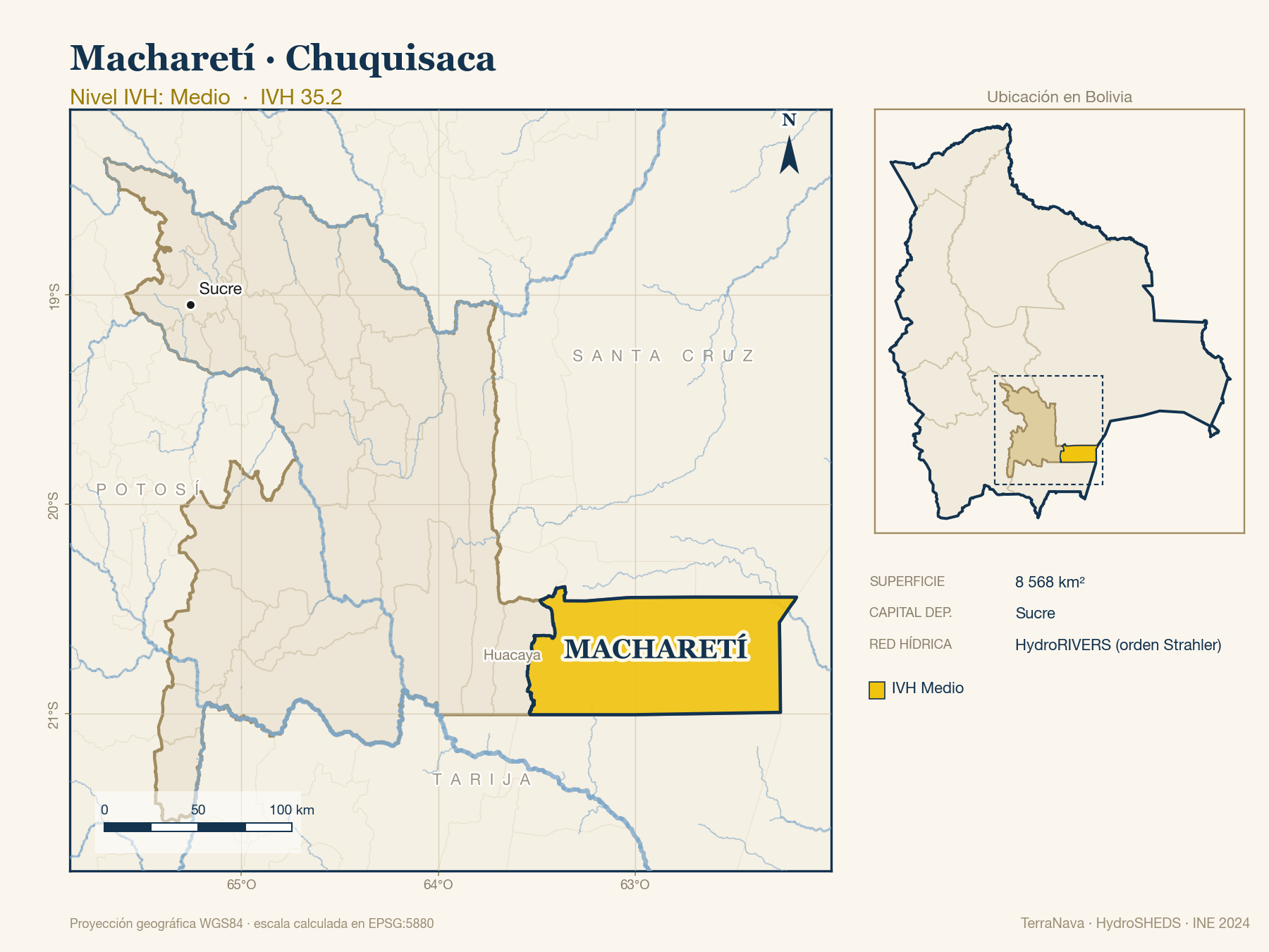 Mapa localizador de Macharetí (Chuquisaca): zoom departamental con red hídrica HydroRIVERS, municipio destacado por nivel IVH y ubicación en Bolivia