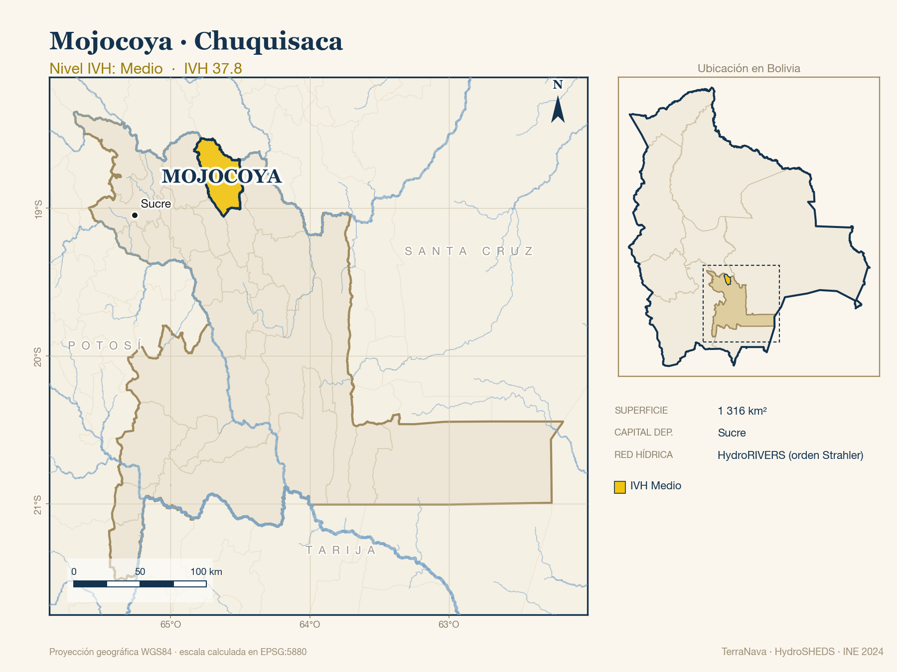 Mapa localizador de Mojocoya (Chuquisaca): zoom departamental con red hídrica HydroRIVERS, municipio destacado por nivel IVH y ubicación en Bolivia