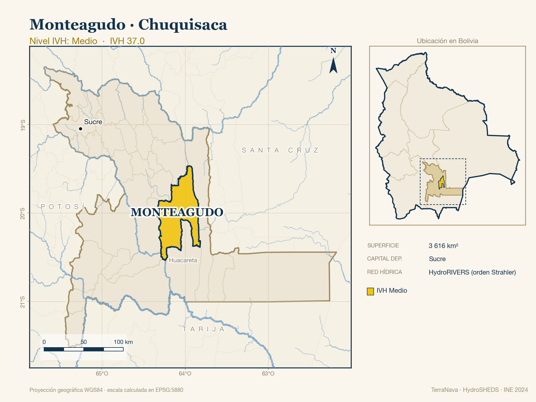 Mapa localizador de Monteagudo (Chuquisaca): zoom departamental con red hídrica HydroRIVERS, municipio destacado por nivel IVH y ubicación en Bolivia