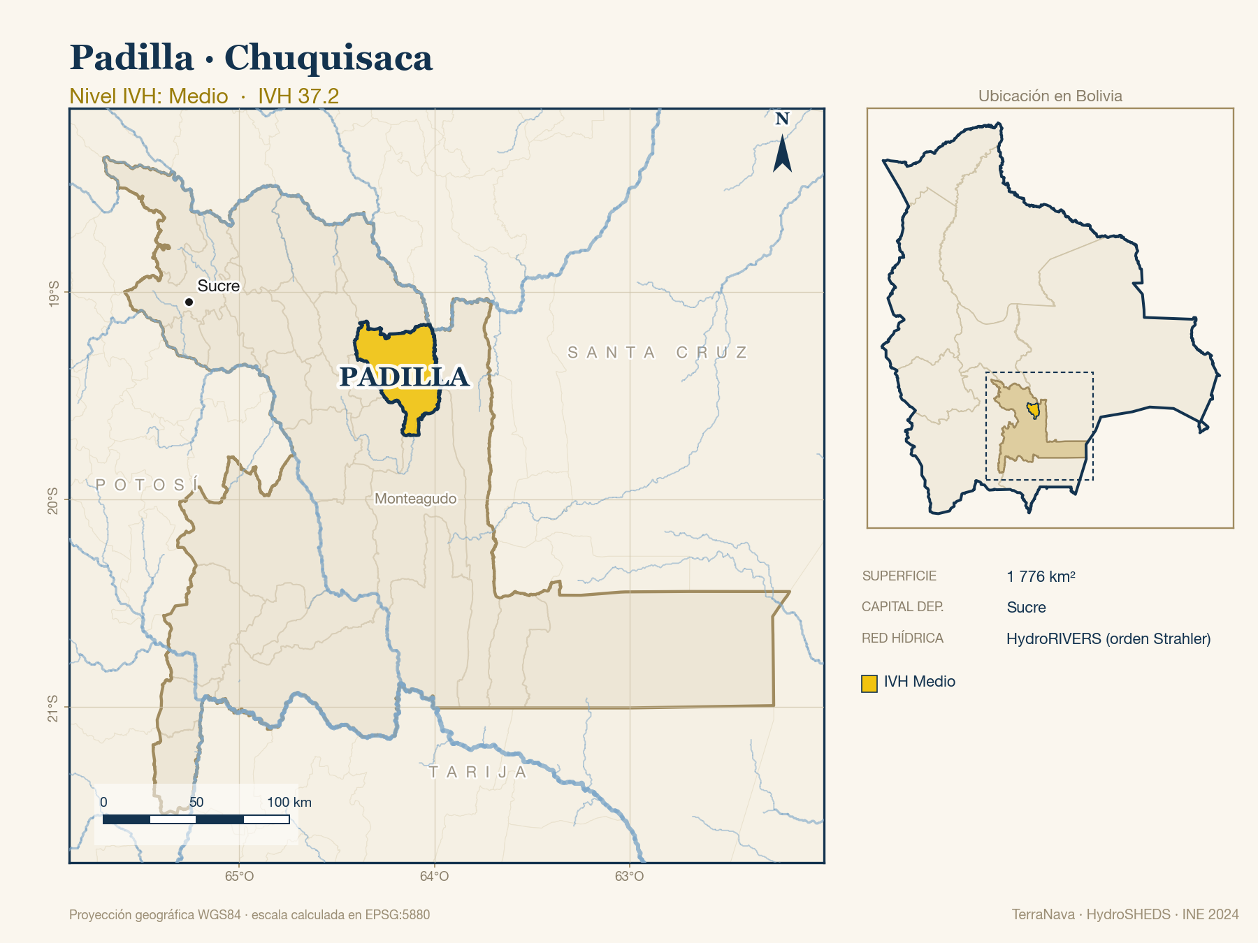 Mapa localizador de Padilla (Chuquisaca): zoom departamental con red hídrica HydroRIVERS, municipio destacado por nivel IVH y ubicación en Bolivia
