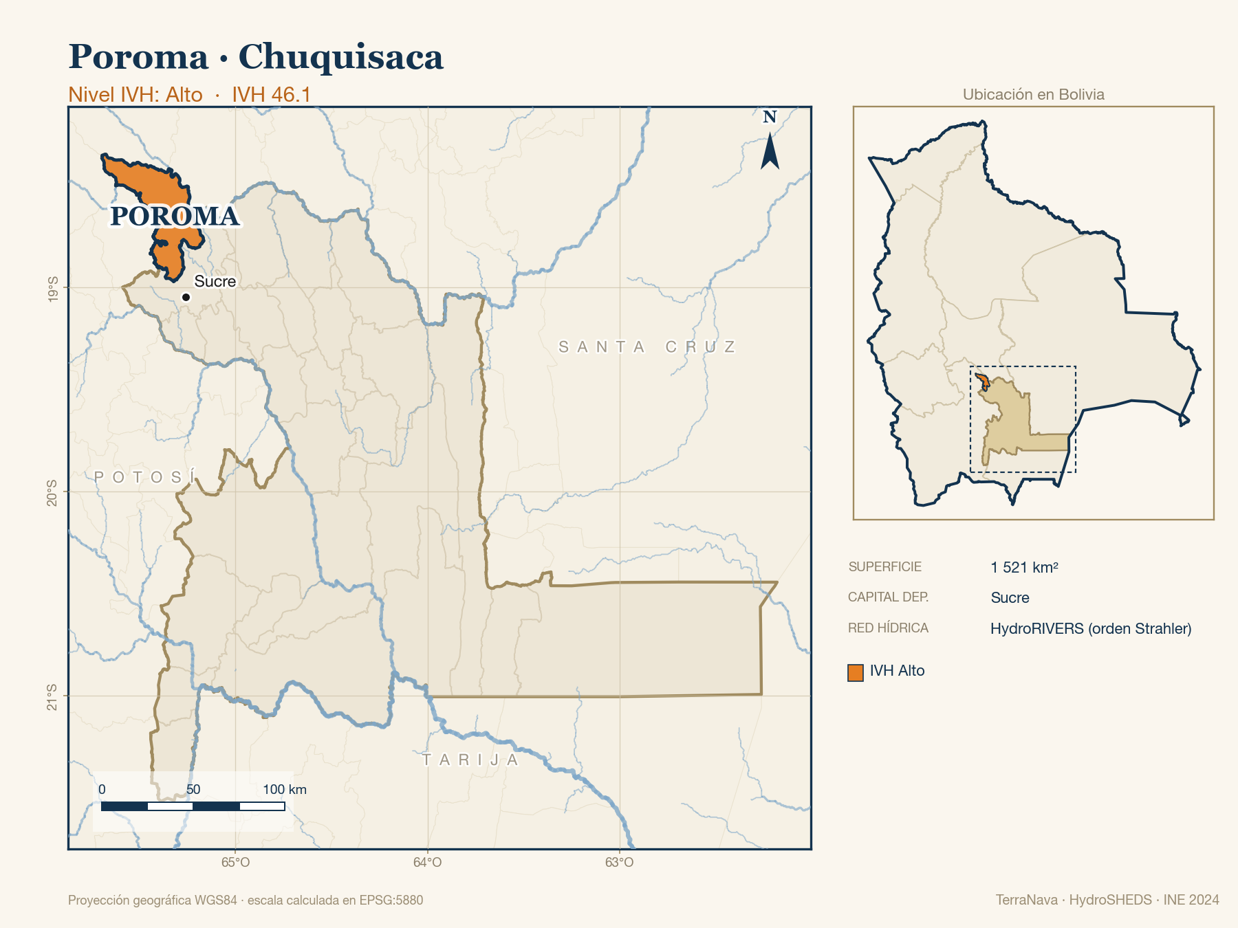 Mapa localizador de Poroma (Chuquisaca): zoom departamental con red hídrica HydroRIVERS, municipio destacado por nivel IVH y ubicación en Bolivia