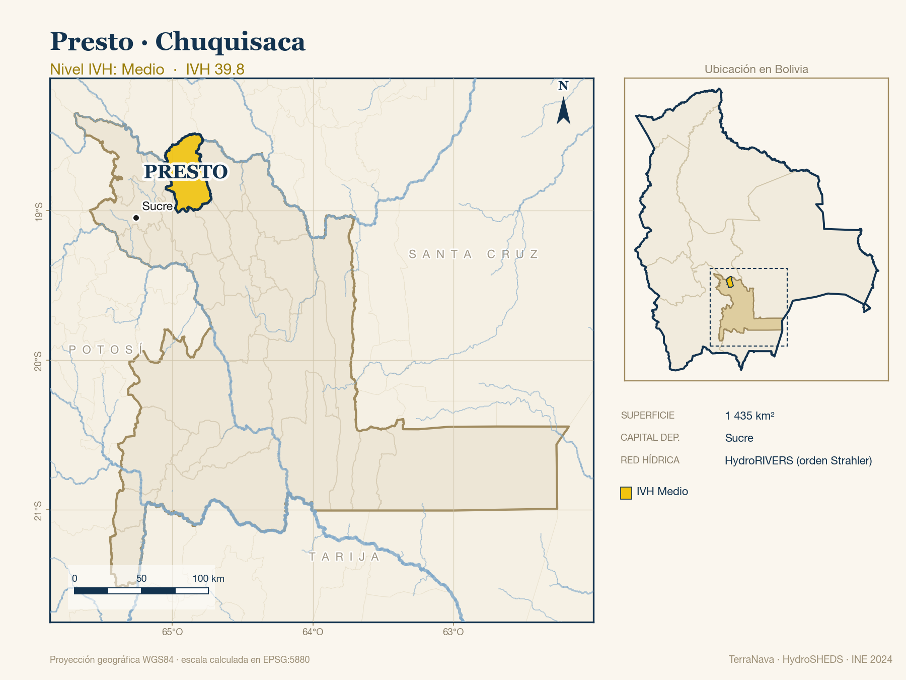 Mapa localizador de Presto (Chuquisaca): zoom departamental con red hídrica HydroRIVERS, municipio destacado por nivel IVH y ubicación en Bolivia