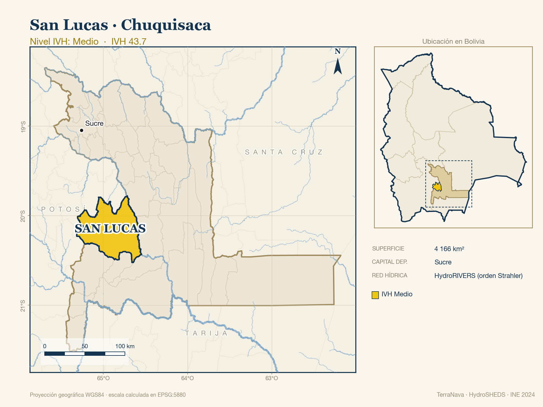 Mapa localizador de San Lucas (Chuquisaca): zoom departamental con red hídrica HydroRIVERS, municipio destacado por nivel IVH y ubicación en Bolivia