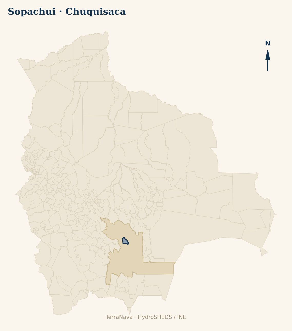 Mapa localizador de Sopachui (Chuquisaca): zoom departamental con red hídrica HydroRIVERS, municipio destacado por nivel IVH y ubicación en Bolivia