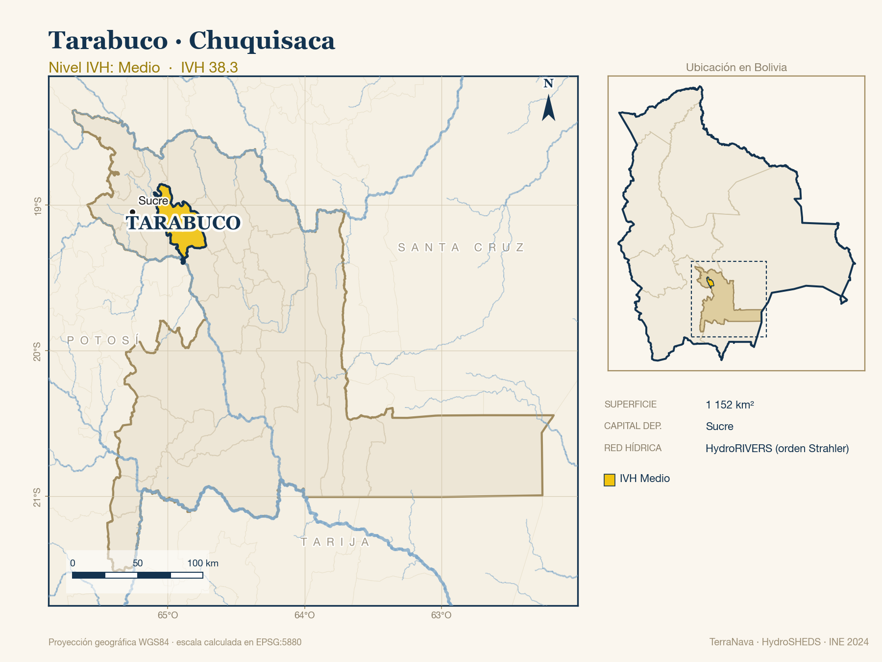 Mapa localizador de Tarabuco (Chuquisaca): zoom departamental con red hídrica HydroRIVERS, municipio destacado por nivel IVH y ubicación en Bolivia