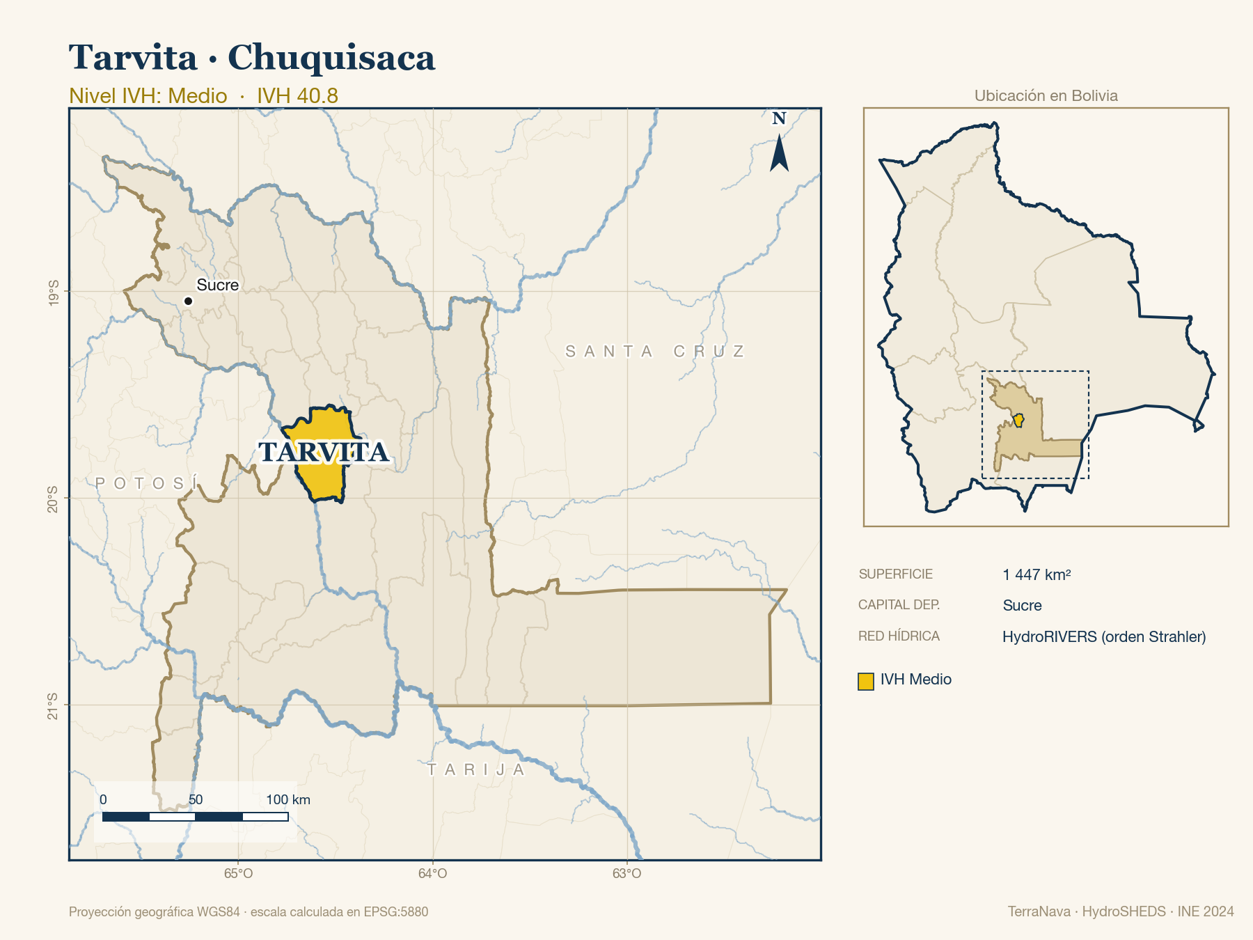 Mapa localizador de Tarvita (Chuquisaca): zoom departamental con red hídrica HydroRIVERS, municipio destacado por nivel IVH y ubicación en Bolivia