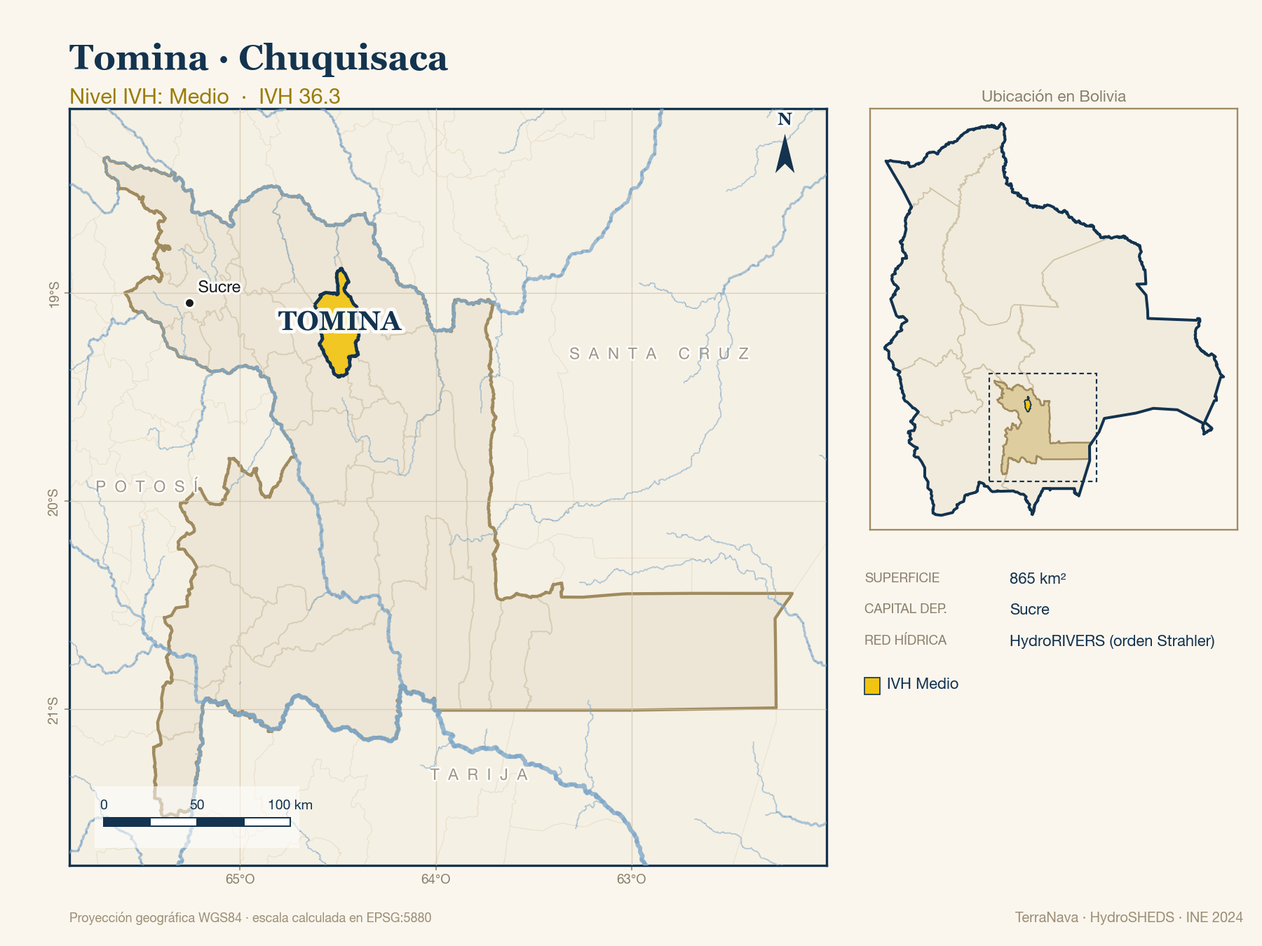Mapa localizador de Tomina (Chuquisaca): zoom departamental con red hídrica HydroRIVERS, municipio destacado por nivel IVH y ubicación en Bolivia