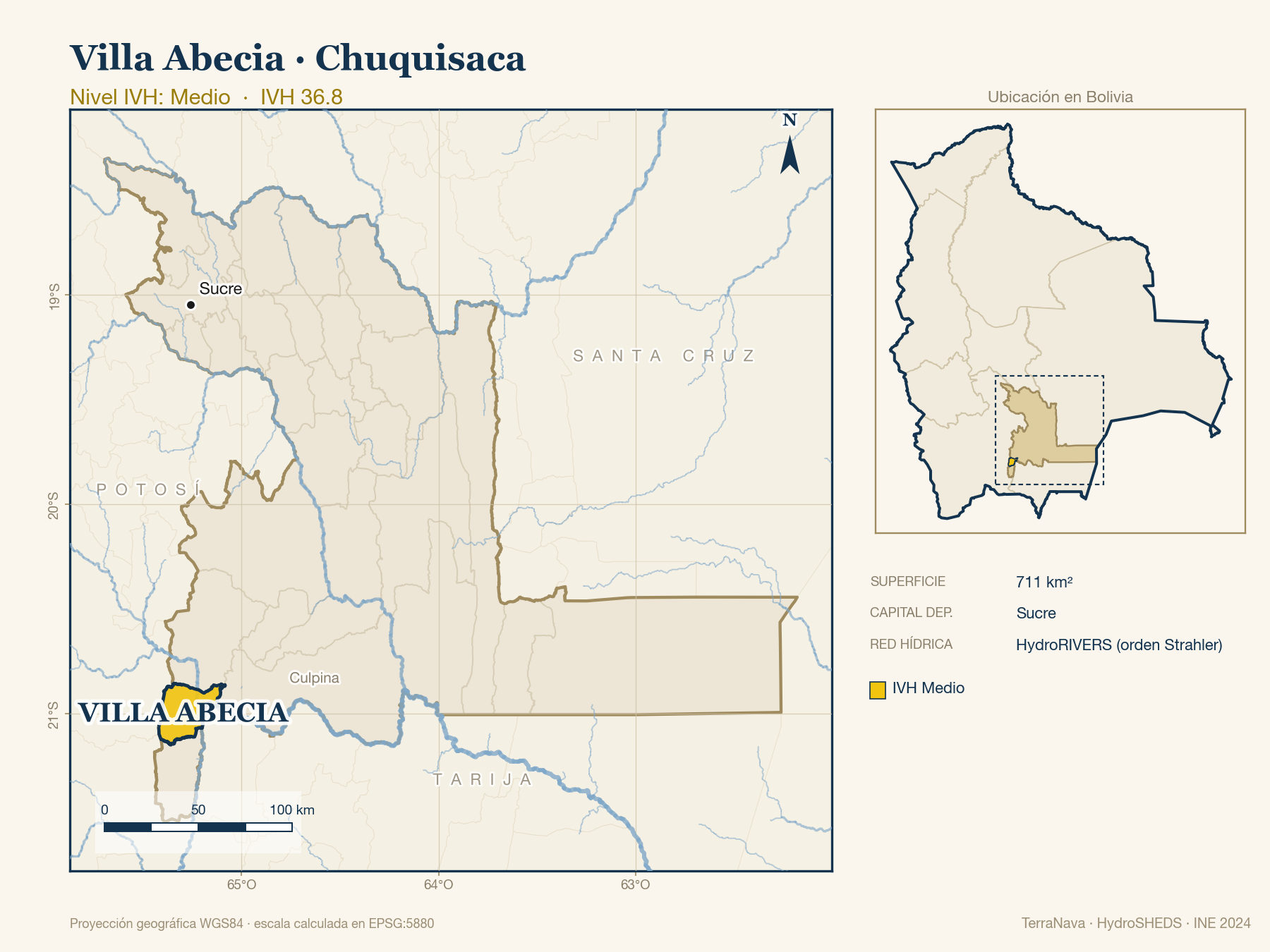 Mapa localizador de Villa Abecia (Chuquisaca): zoom departamental con red hídrica HydroRIVERS, municipio destacado por nivel IVH y ubicación en Bolivia
