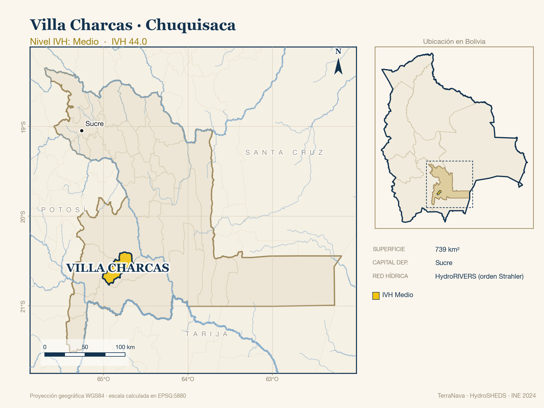 Mapa localizador de Villa Charcas (Chuquisaca): zoom departamental con red hídrica HydroRIVERS, municipio destacado por nivel IVH y ubicación en Bolivia