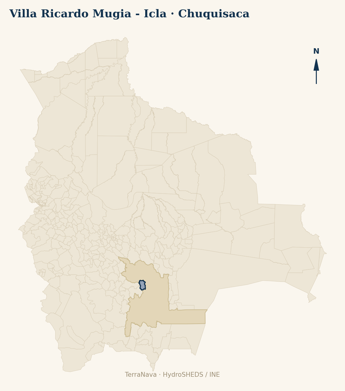 Mapa localizador de Villa Ricardo Mugia - Icla (Chuquisaca): zoom departamental con red hídrica HydroRIVERS, municipio destacado por nivel IVH y ubicación en Bolivia
