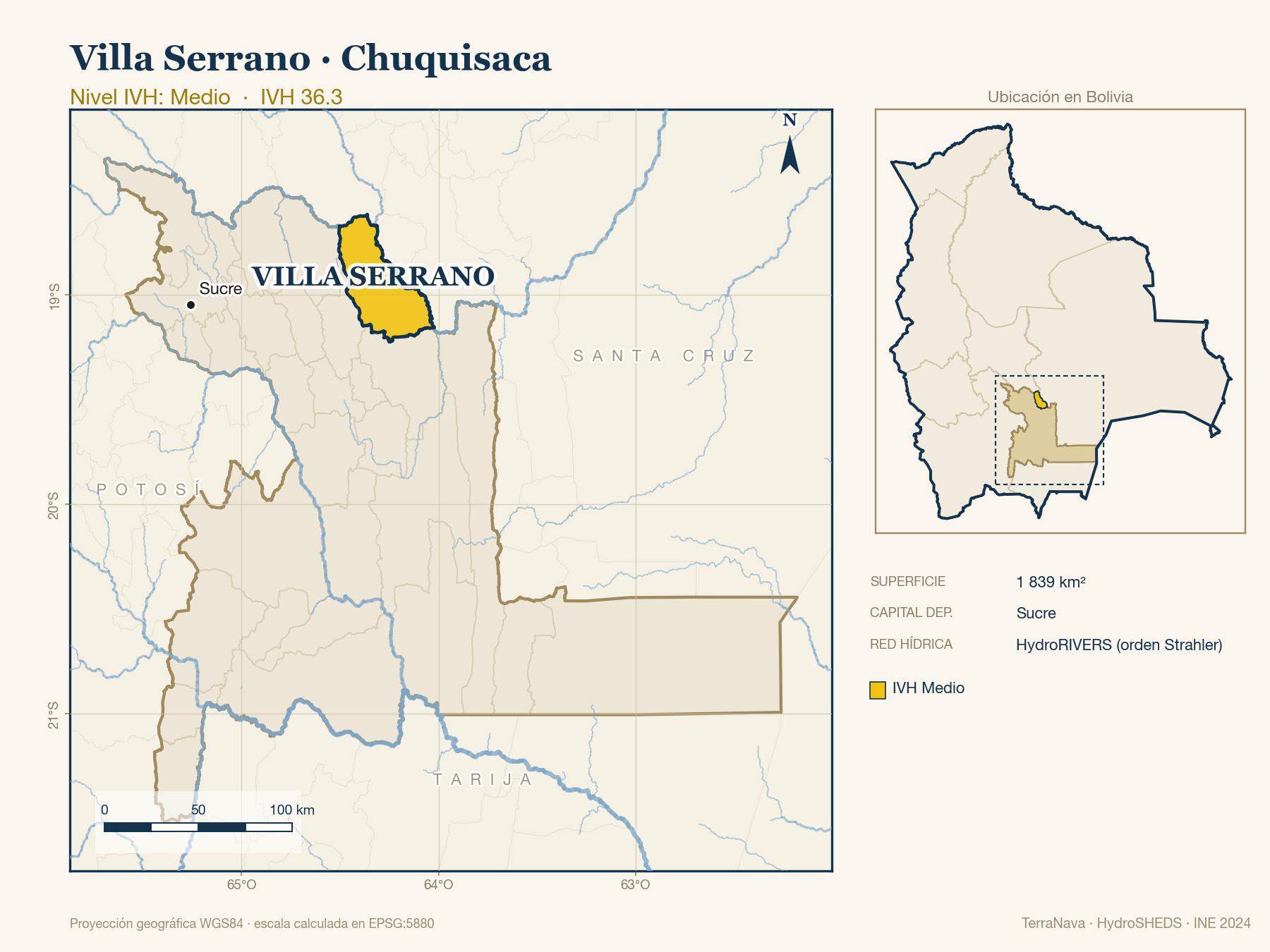 Mapa localizador de Villa Serrano (Chuquisaca): zoom departamental con red hídrica HydroRIVERS, municipio destacado por nivel IVH y ubicación en Bolivia