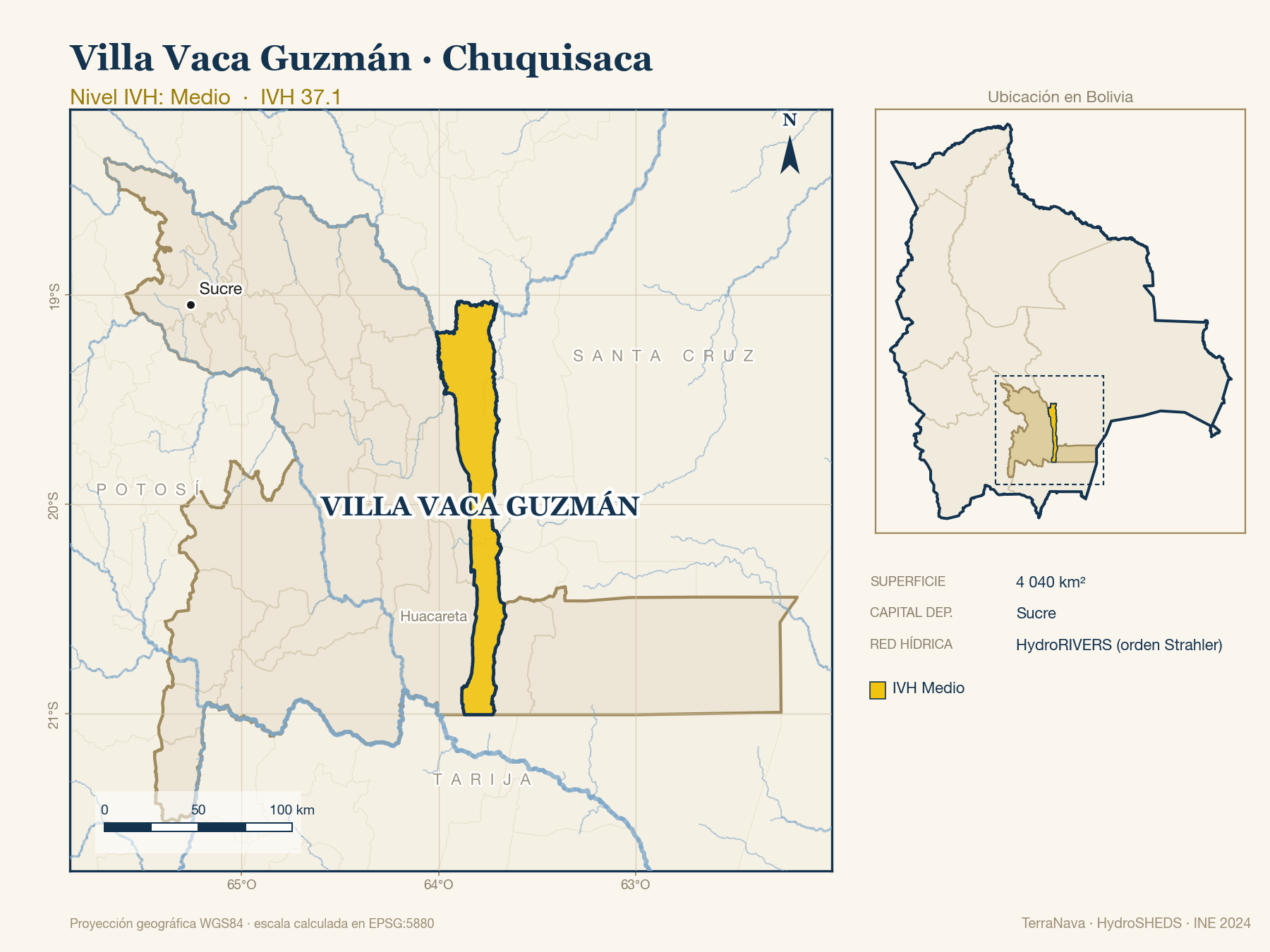 Mapa localizador de Villa Vaca Guzmán (Chuquisaca): zoom departamental con red hídrica HydroRIVERS, municipio destacado por nivel IVH y ubicación en Bolivia
