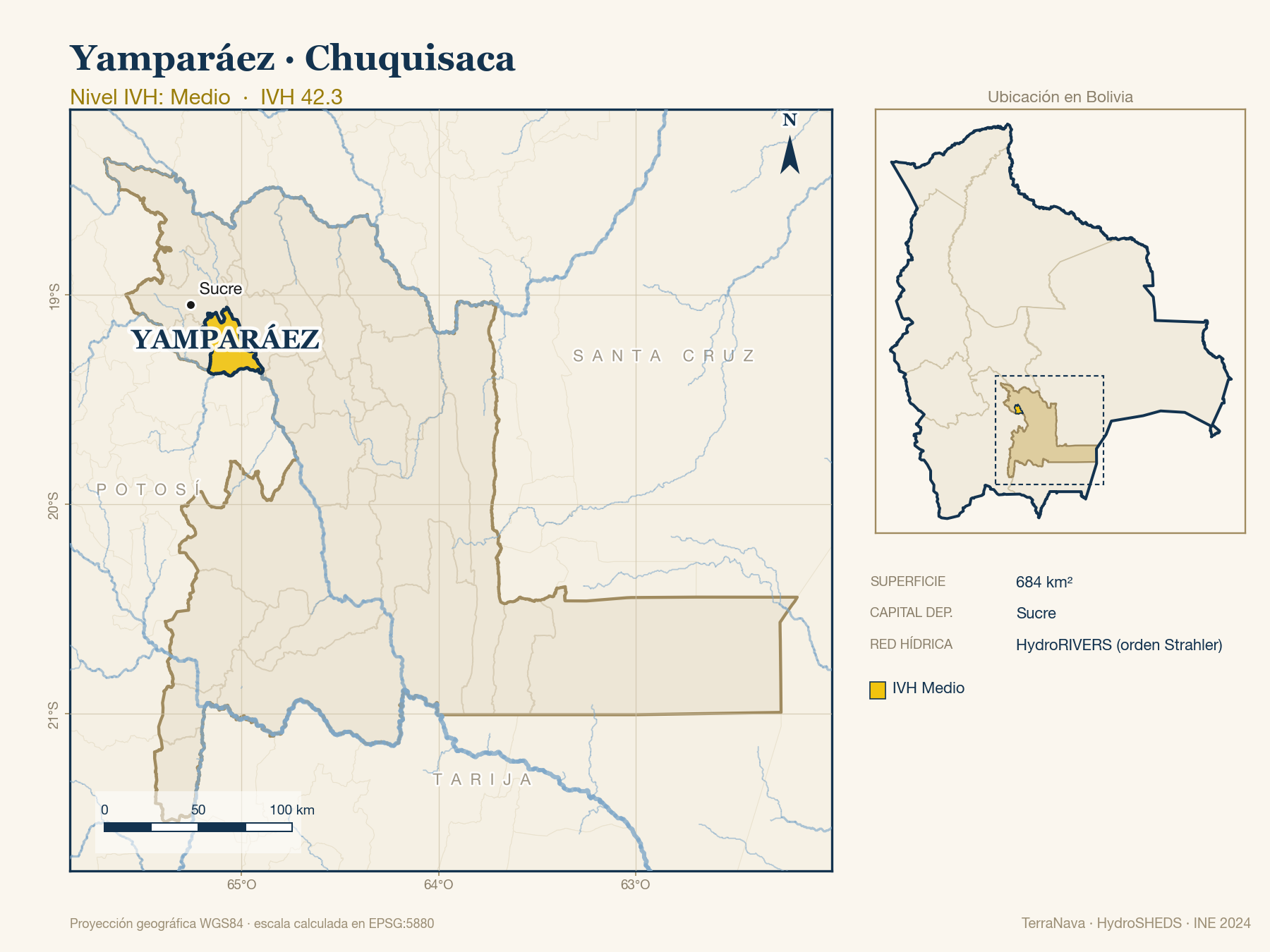 Mapa localizador de Yamparáez (Chuquisaca): zoom departamental con red hídrica HydroRIVERS, municipio destacado por nivel IVH y ubicación en Bolivia