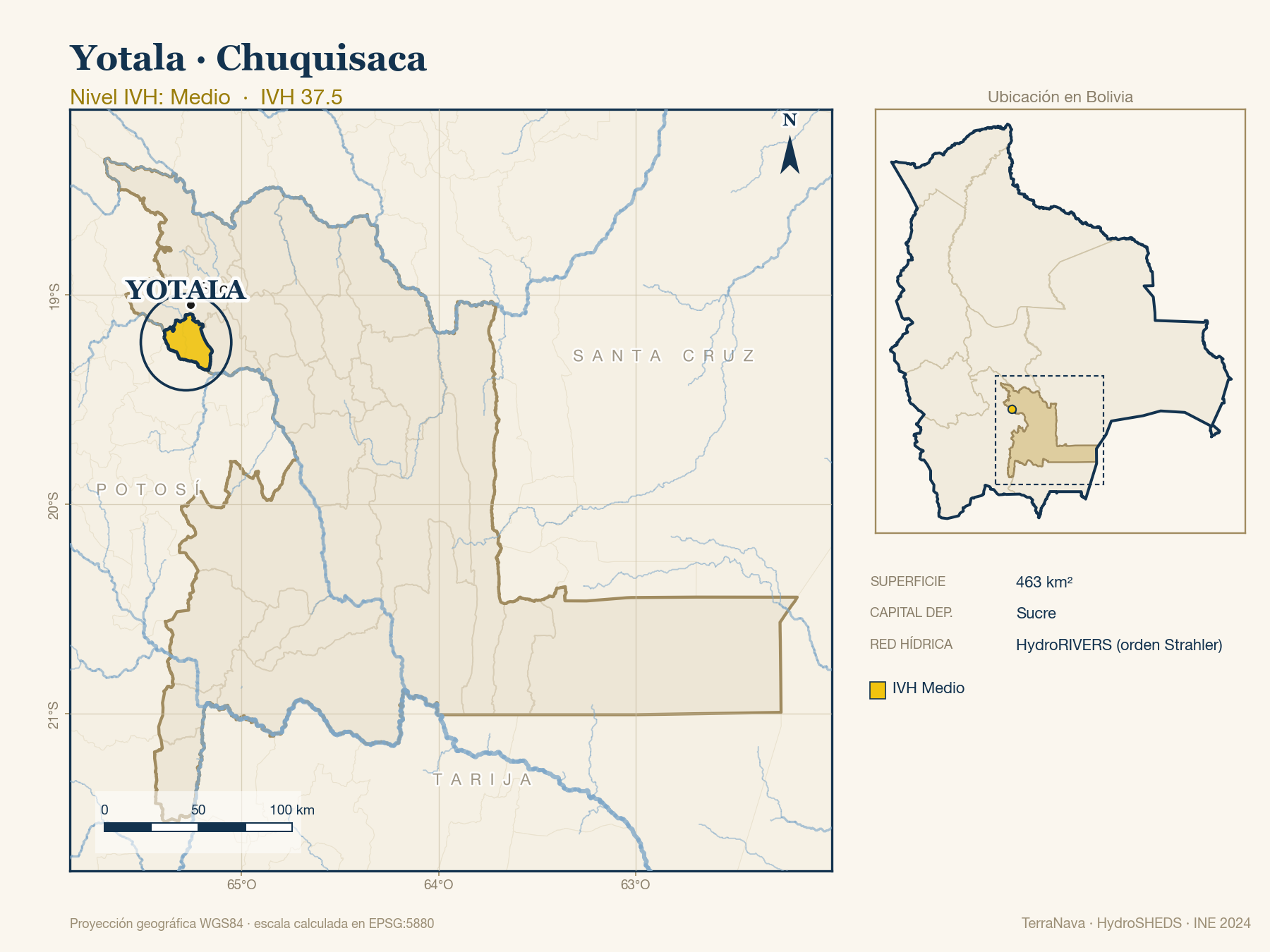 Mapa localizador de Yotala (Chuquisaca): zoom departamental con red hídrica HydroRIVERS, municipio destacado por nivel IVH y ubicación en Bolivia