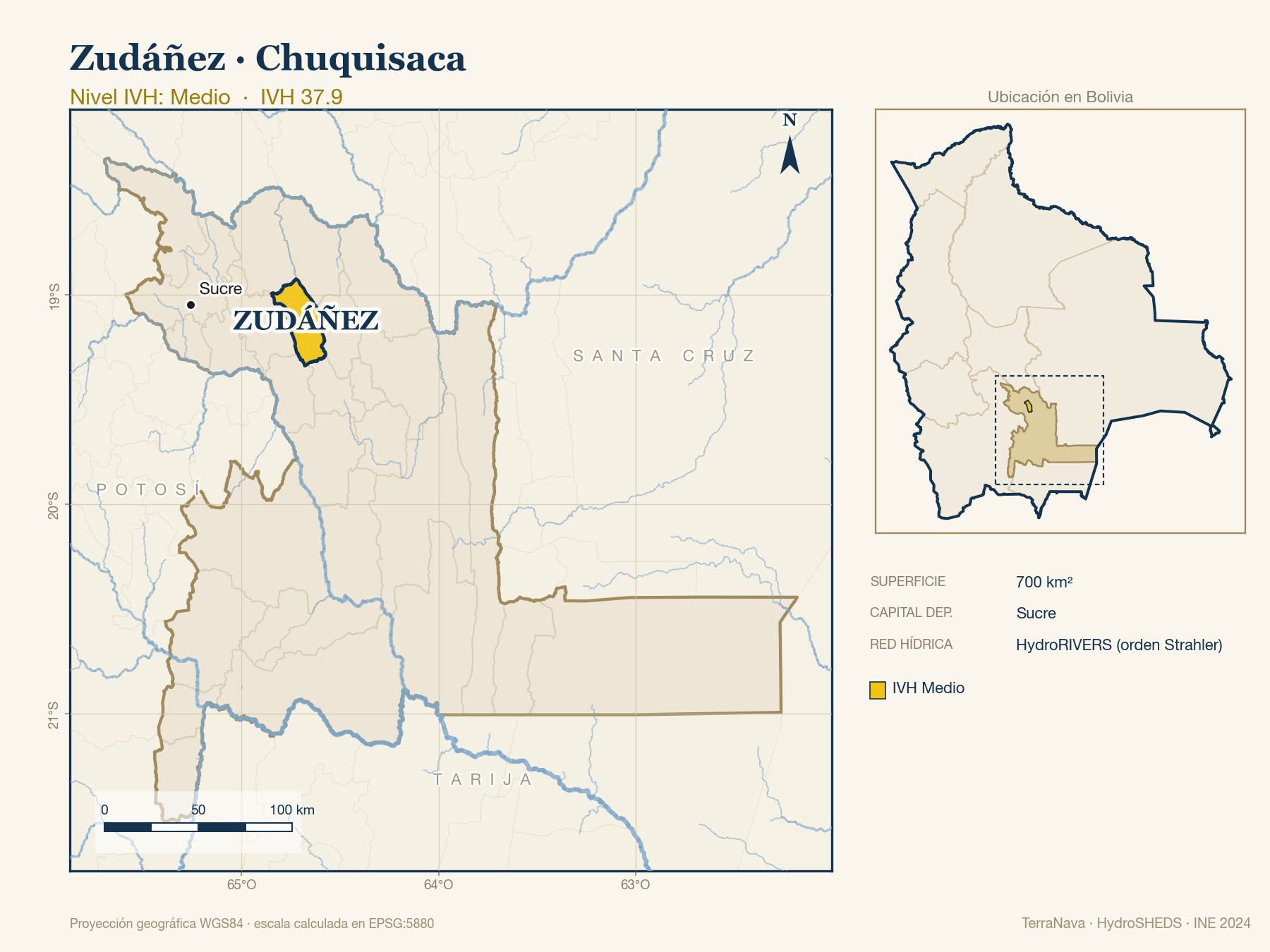 Mapa localizador de Zudáñez (Chuquisaca): zoom departamental con red hídrica HydroRIVERS, municipio destacado por nivel IVH y ubicación en Bolivia