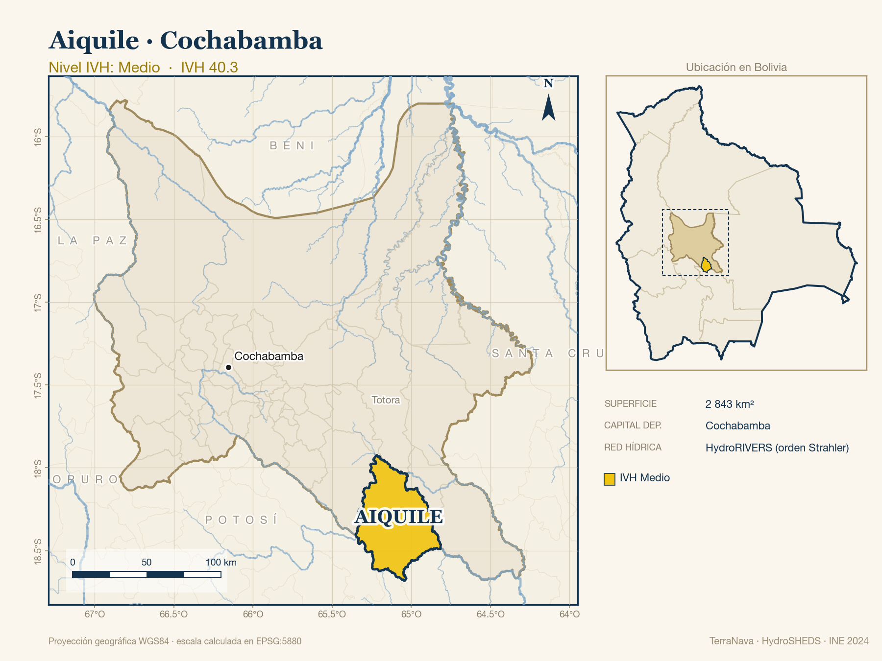 Mapa localizador de Aiquile (Cochabamba): zoom departamental con red hídrica HydroRIVERS, municipio destacado por nivel IVH y ubicación en Bolivia