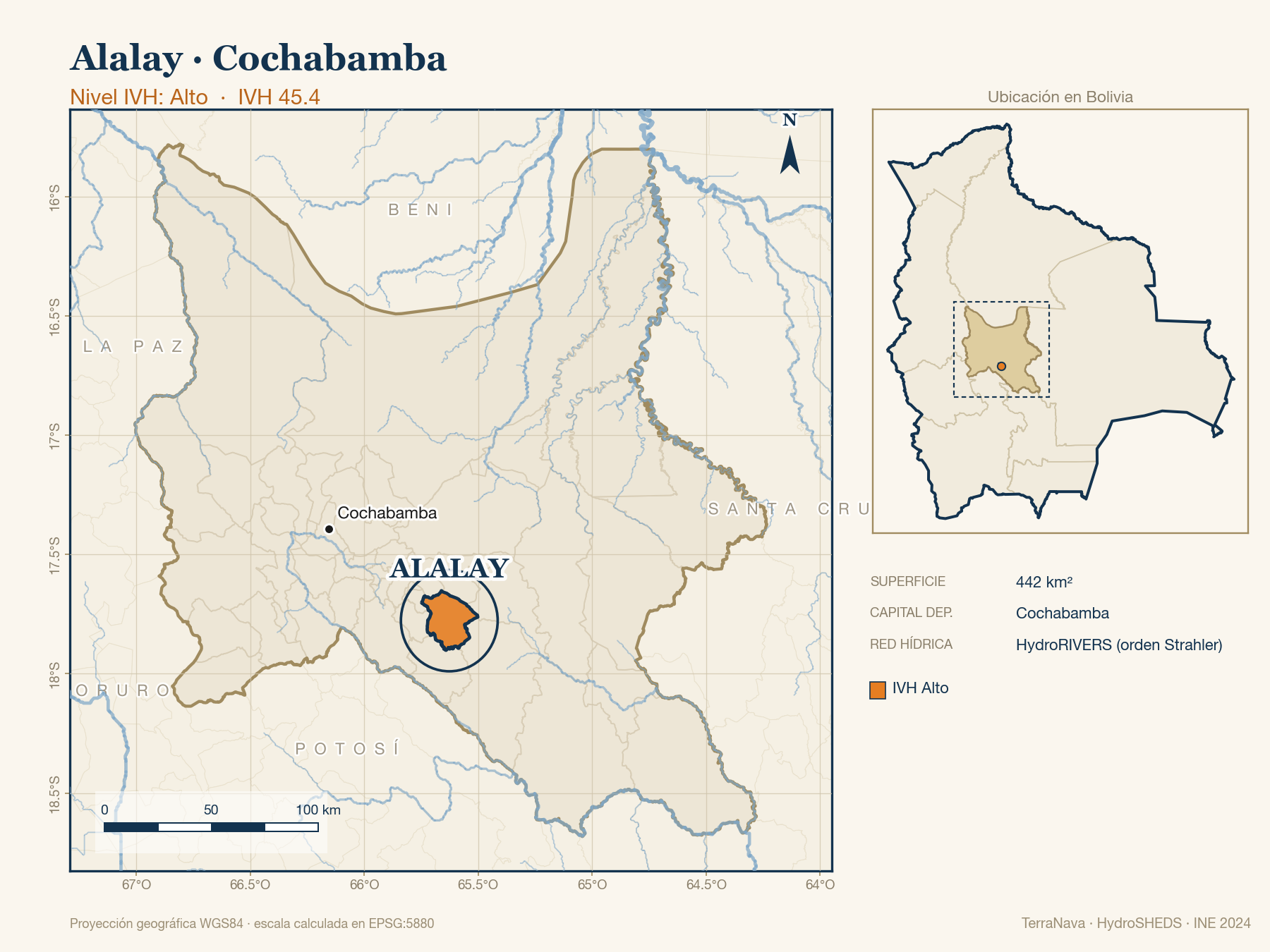 Mapa localizador de Alalay (Cochabamba): zoom departamental con red hídrica HydroRIVERS, municipio destacado por nivel IVH y ubicación en Bolivia