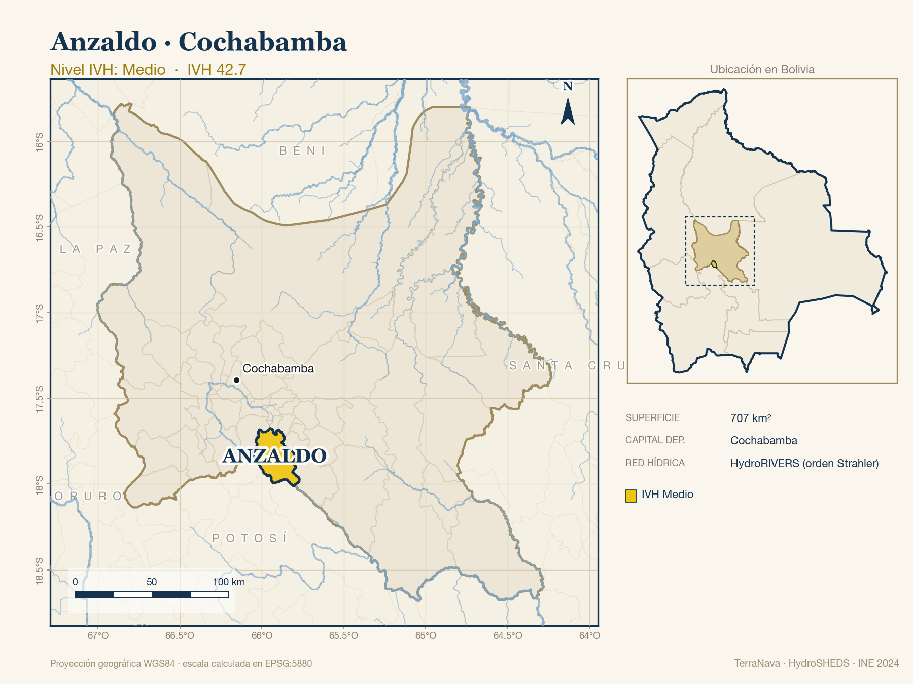 Mapa localizador de Anzaldo (Cochabamba): zoom departamental con red hídrica HydroRIVERS, municipio destacado por nivel IVH y ubicación en Bolivia